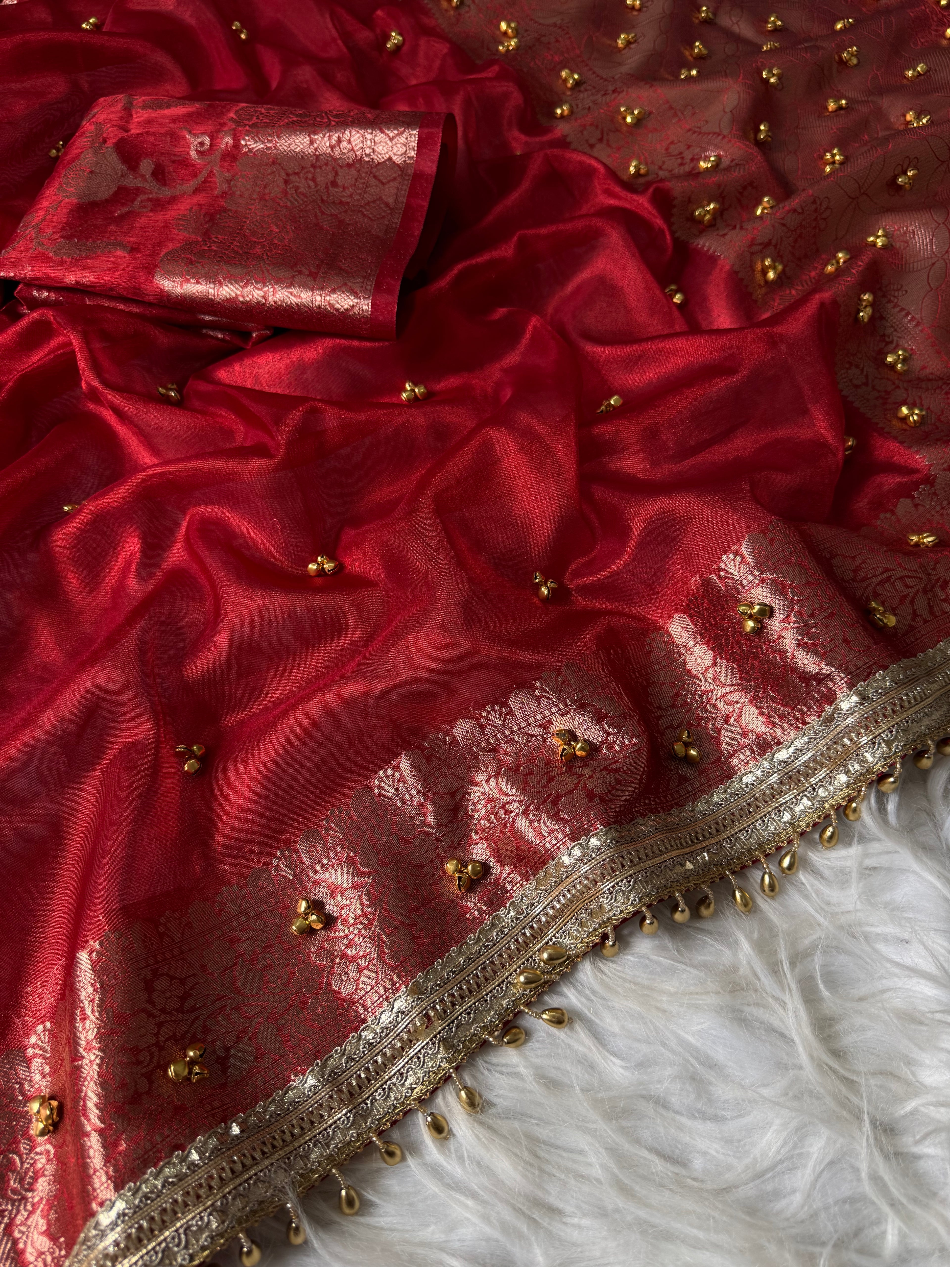 Red Banarasi tissue saree X ghungroo work