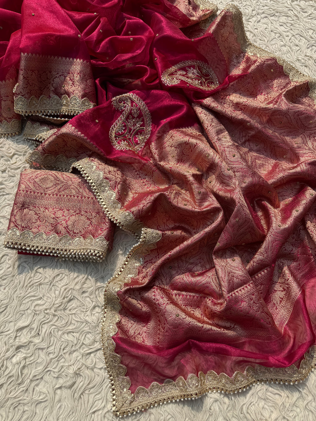 Designer rani Tissue Saree with Pearl and Mirror Work Border Attached Jhalar Pearl in Pallu and Elegant Jaal Pattern Blouse Piece