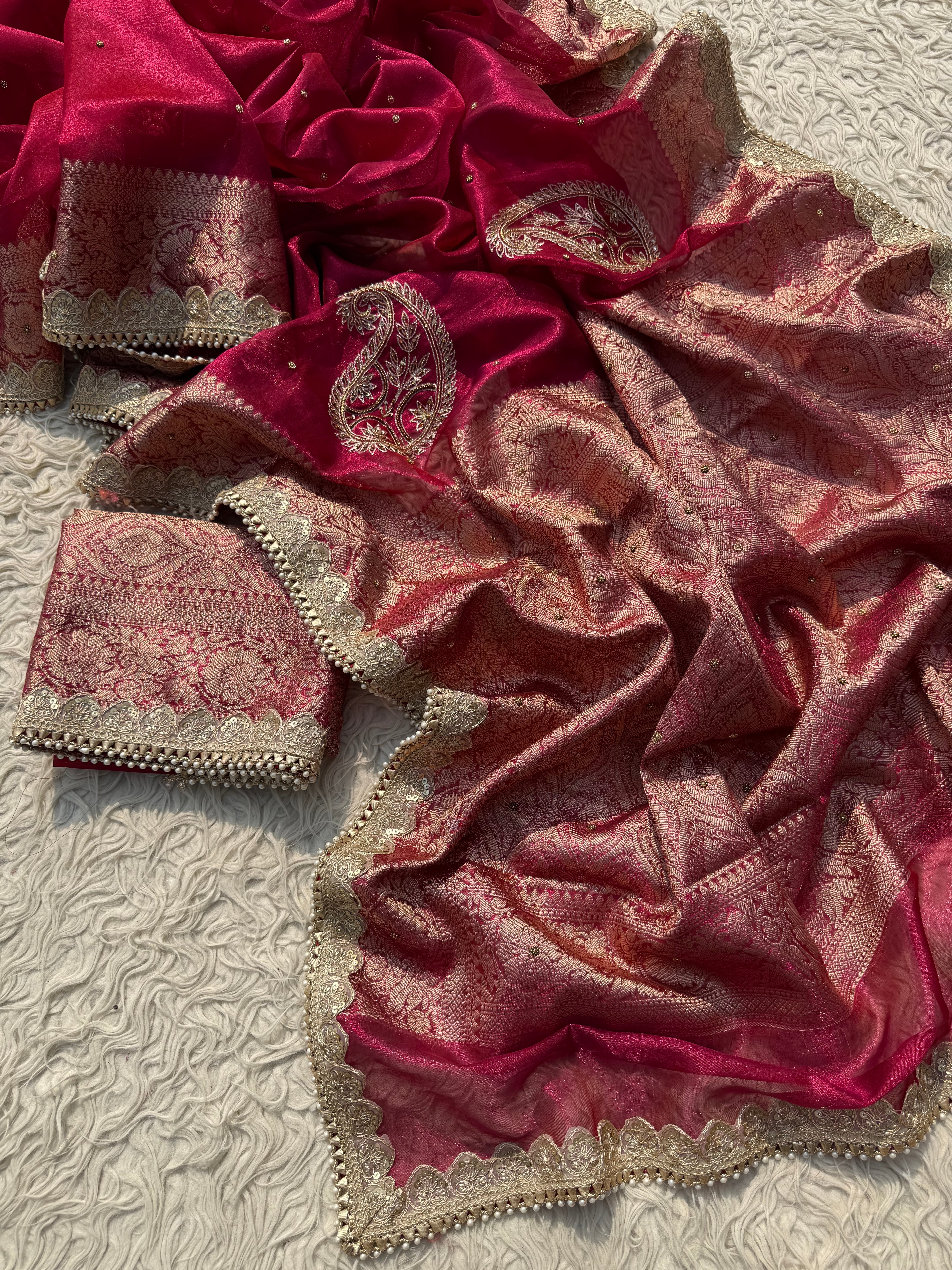 Designer rani Tissue Saree with Pearl and Mirror Work Border Attached Jhalar Pearl in Pallu and Elegant Jaal Pattern Blouse Piece