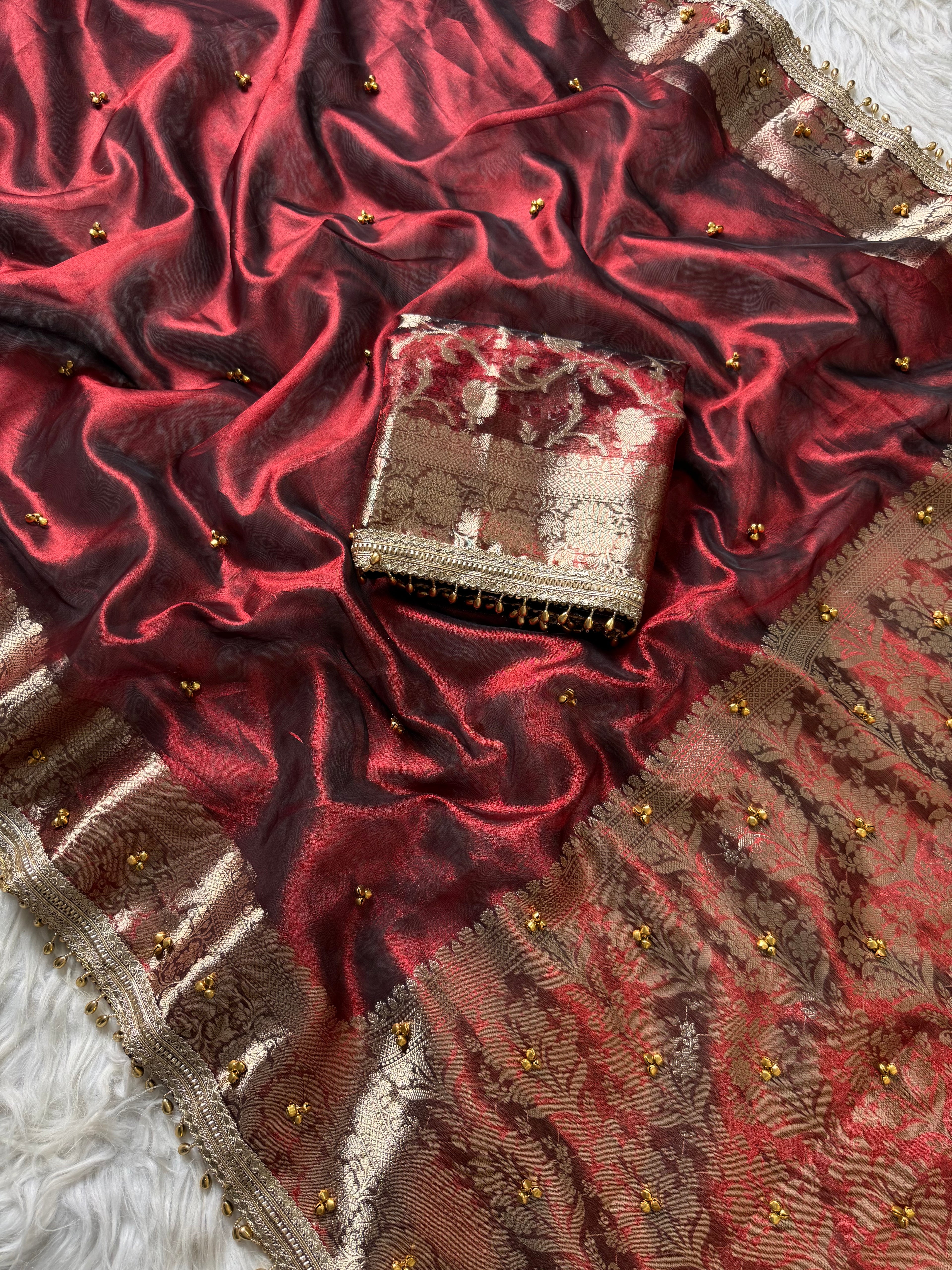 Red carmine Banarasi tissue saree X ghungroo work