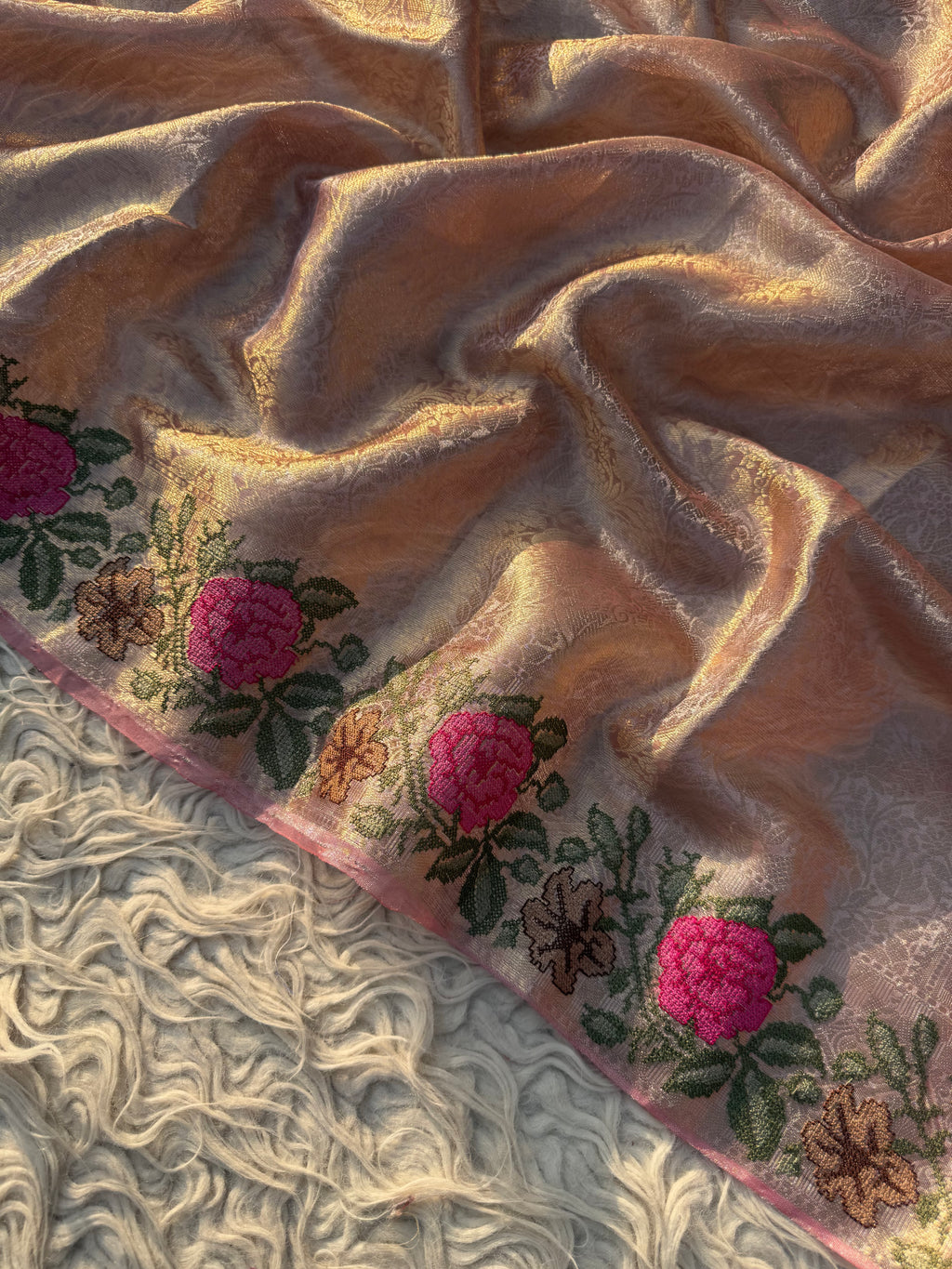 Pink Banarasi Tanchui Embroidery Tissue Silk Saree