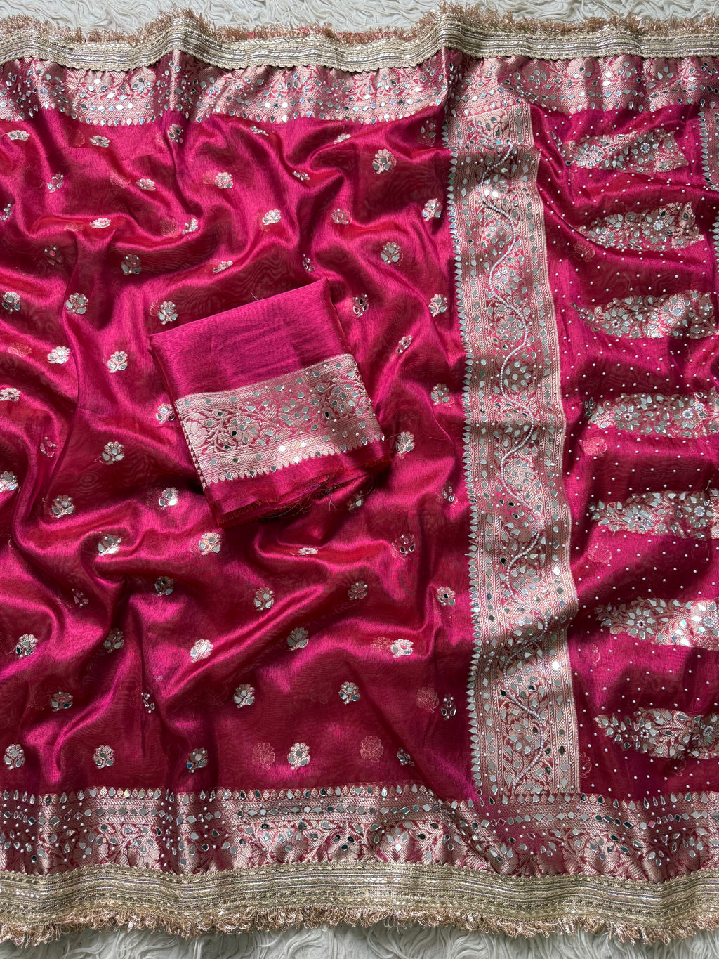 Designer Banarasi Tissue Saree with Pearl Work on all over Body with Intricate Border and Pallu Design Along with Gotta Patti Lace Work