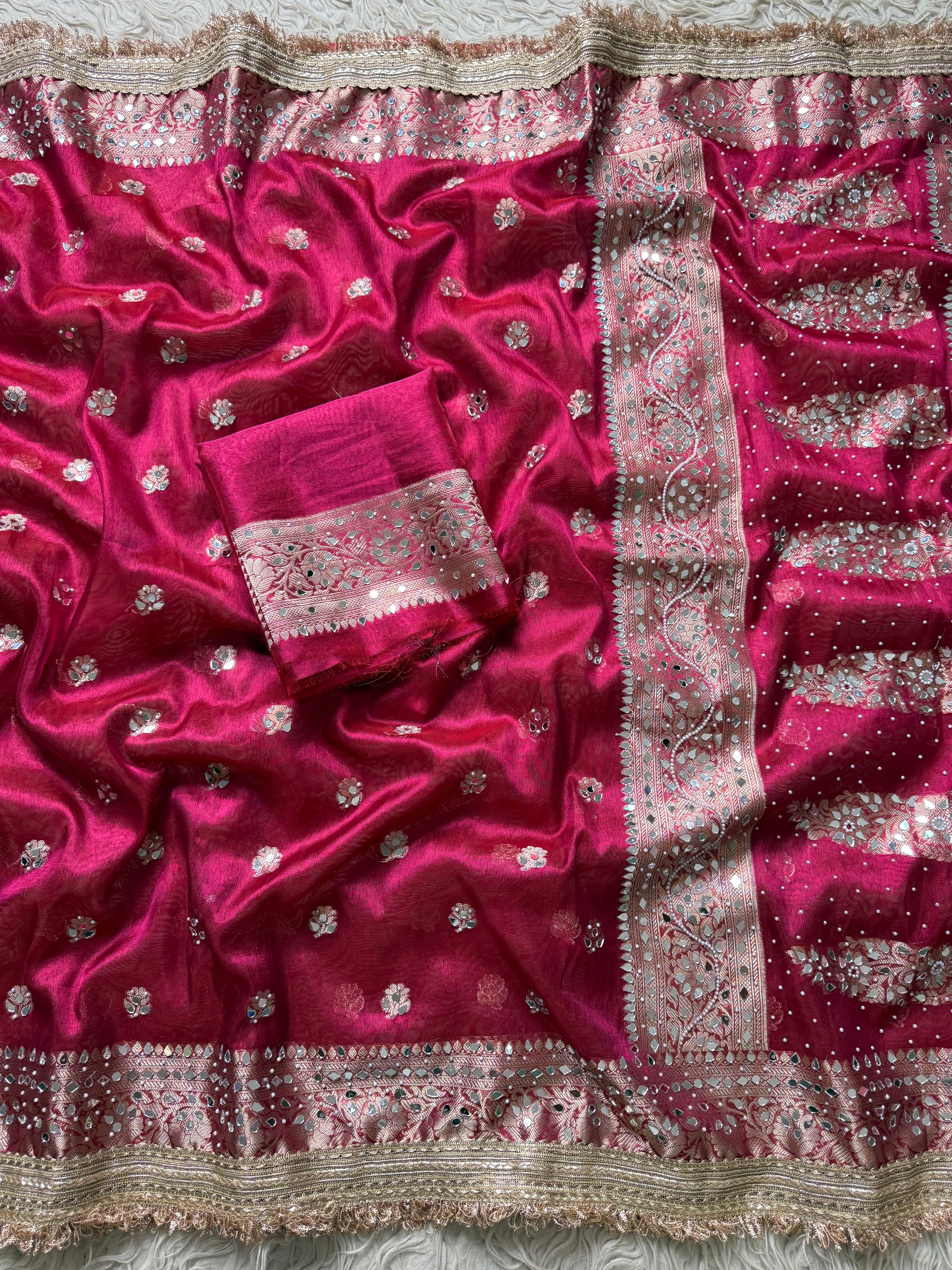 Designer Banarasi Tissue Saree with Pearl Work on all over Body with Intricate Border and Pallu Design Along with Gotta Patti Lace Work