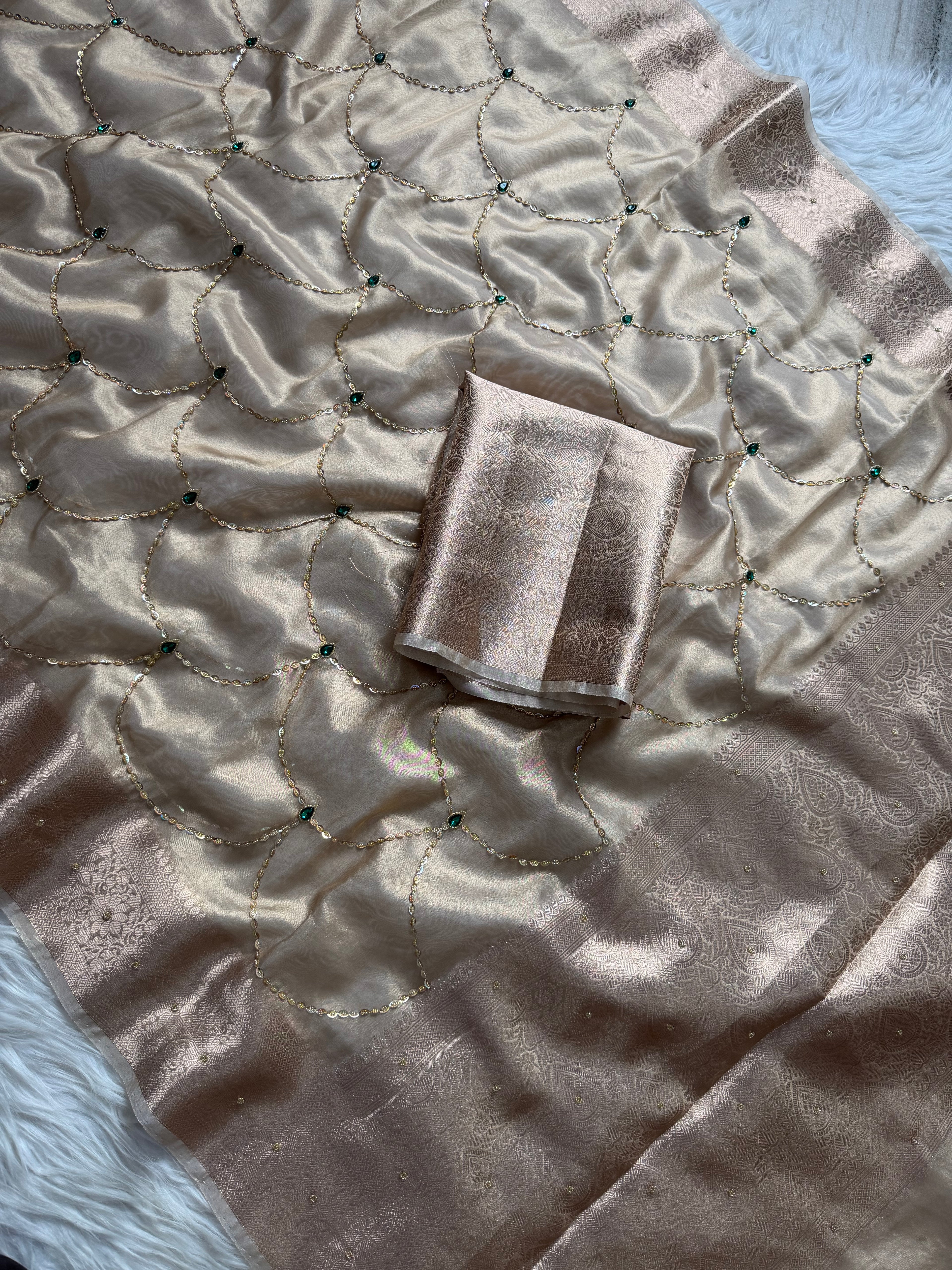 Ivory with emerald green shade combo handwork tissue Banarasi saree