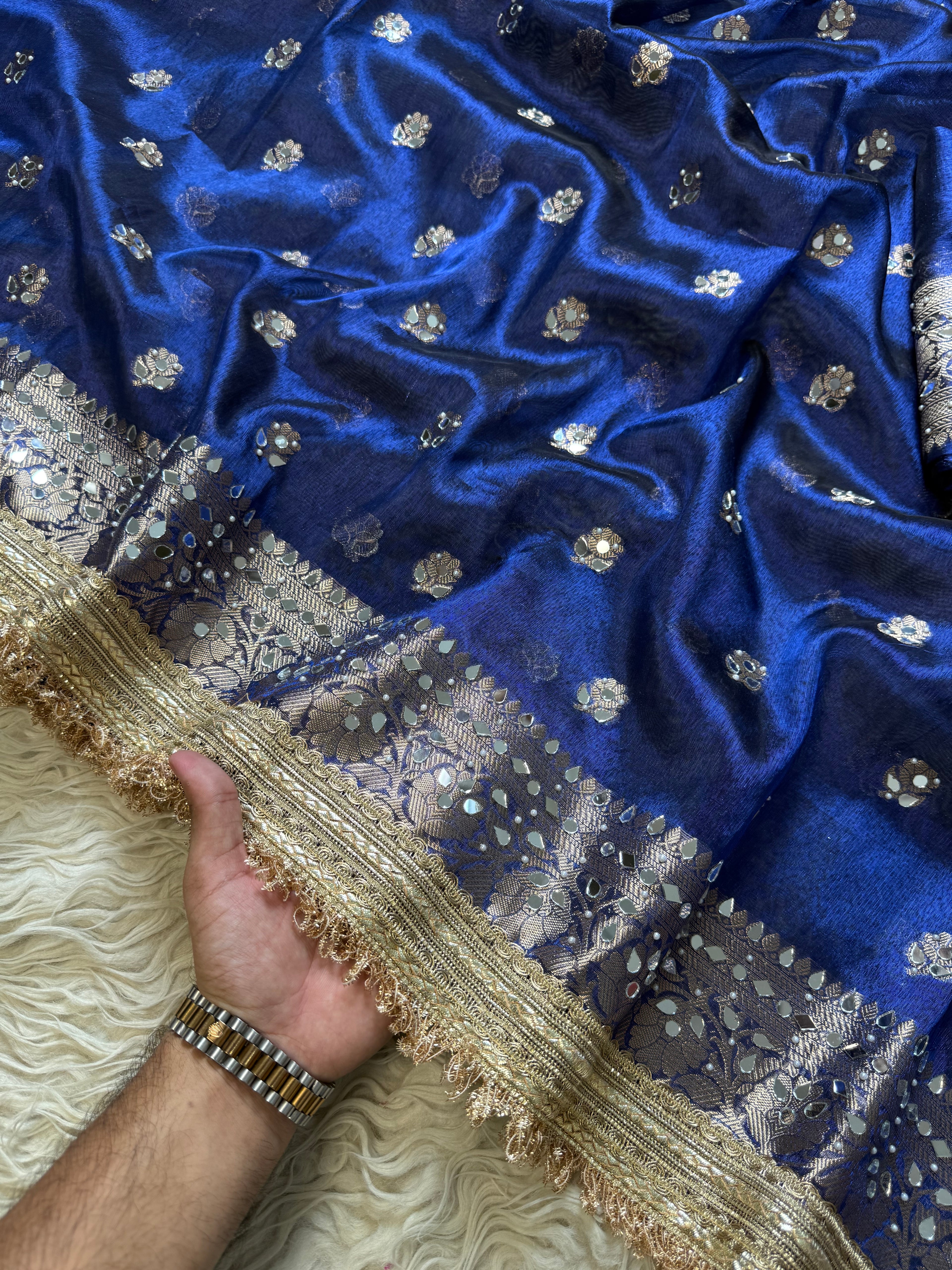 Designer Banarasi Tissue Saree with Pearl Work on all over Body with Intricate Border and Pallu Design Along with Gotta Patti Lace Work