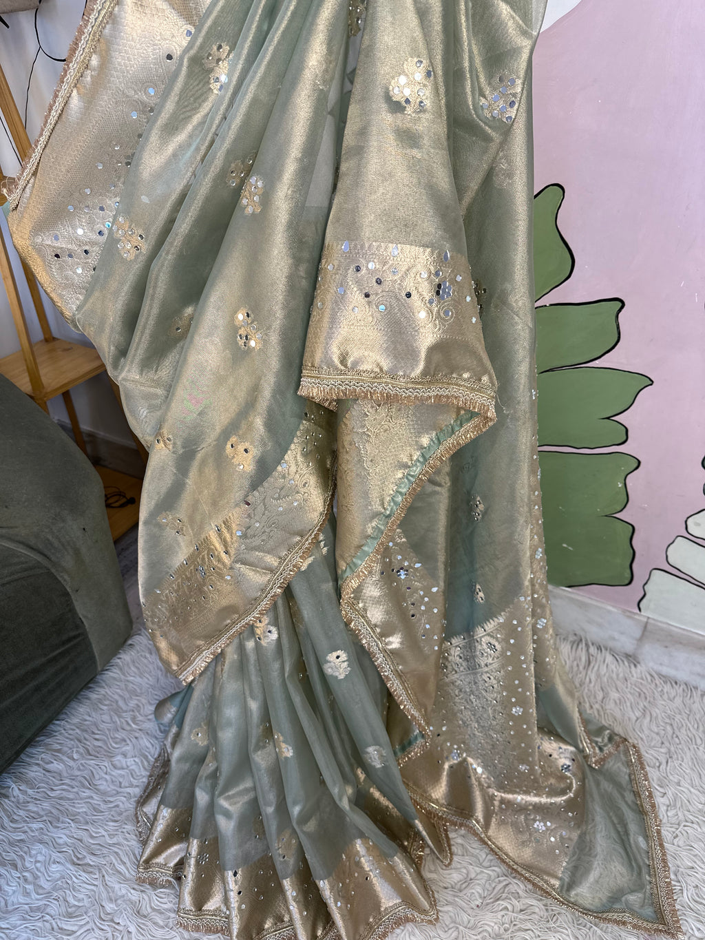 Sea Green Designer Banarasi Tissue Saree with mirror Work on all over Body with Intricate Border and Pallu Design Along with heavy mirror work and Gotta Patti Lace Work
