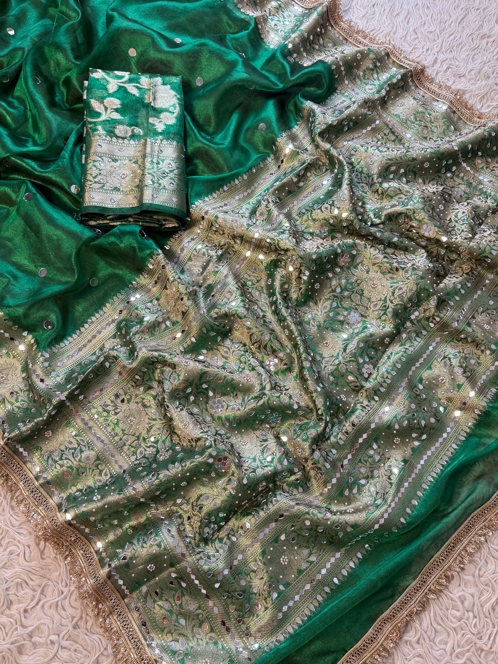 Designer Banarasi Tissue Saree with Pearl and mirror Work on all over Body with Intricate Border and Pallu Design Along with Gotta Patti Lace Work