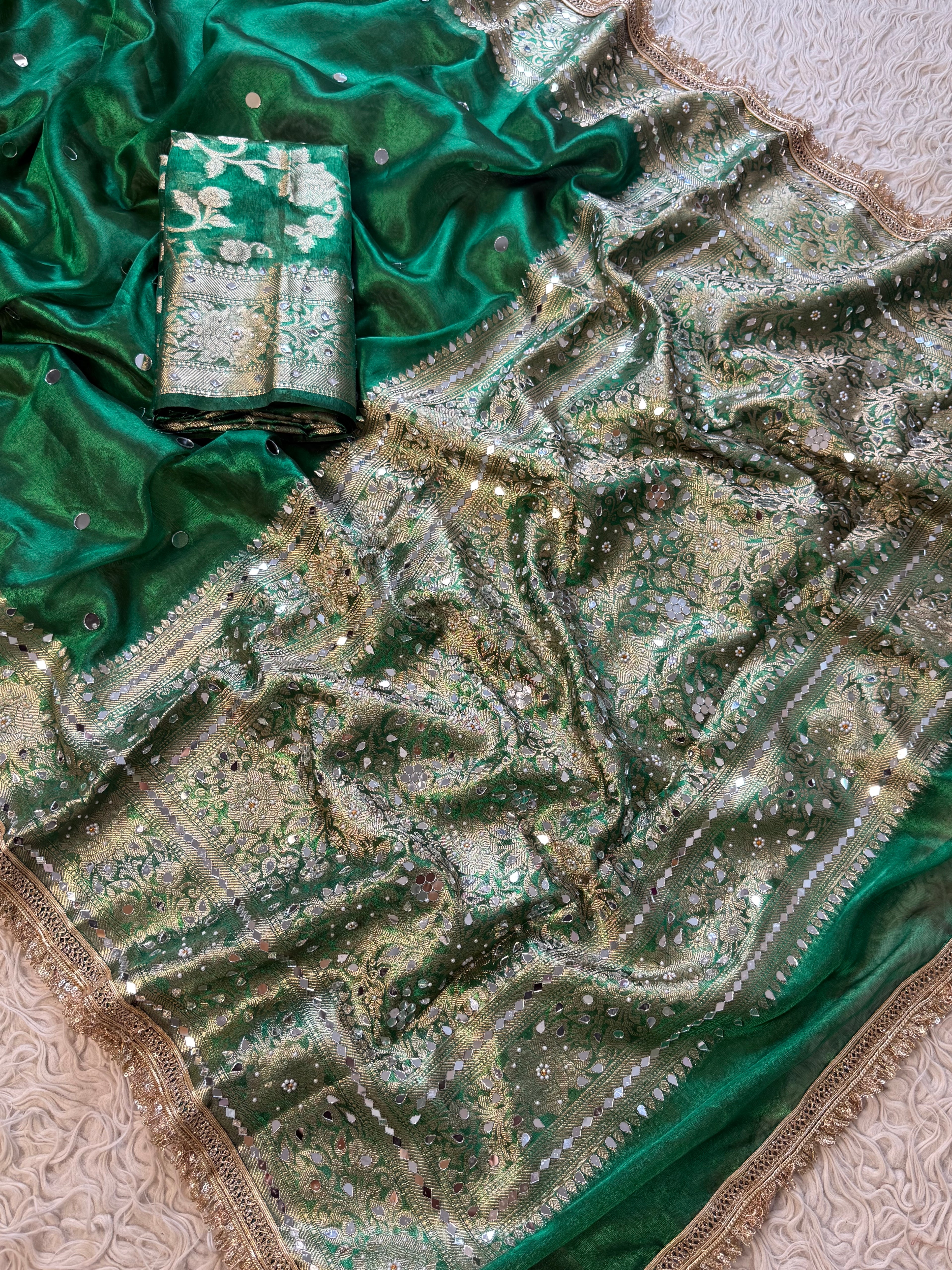 Designer Banarasi Tissue Saree with Pearl and mirror Work on all over Body with Intricate Border and Pallu Design Along with Gotta Patti Lace Work