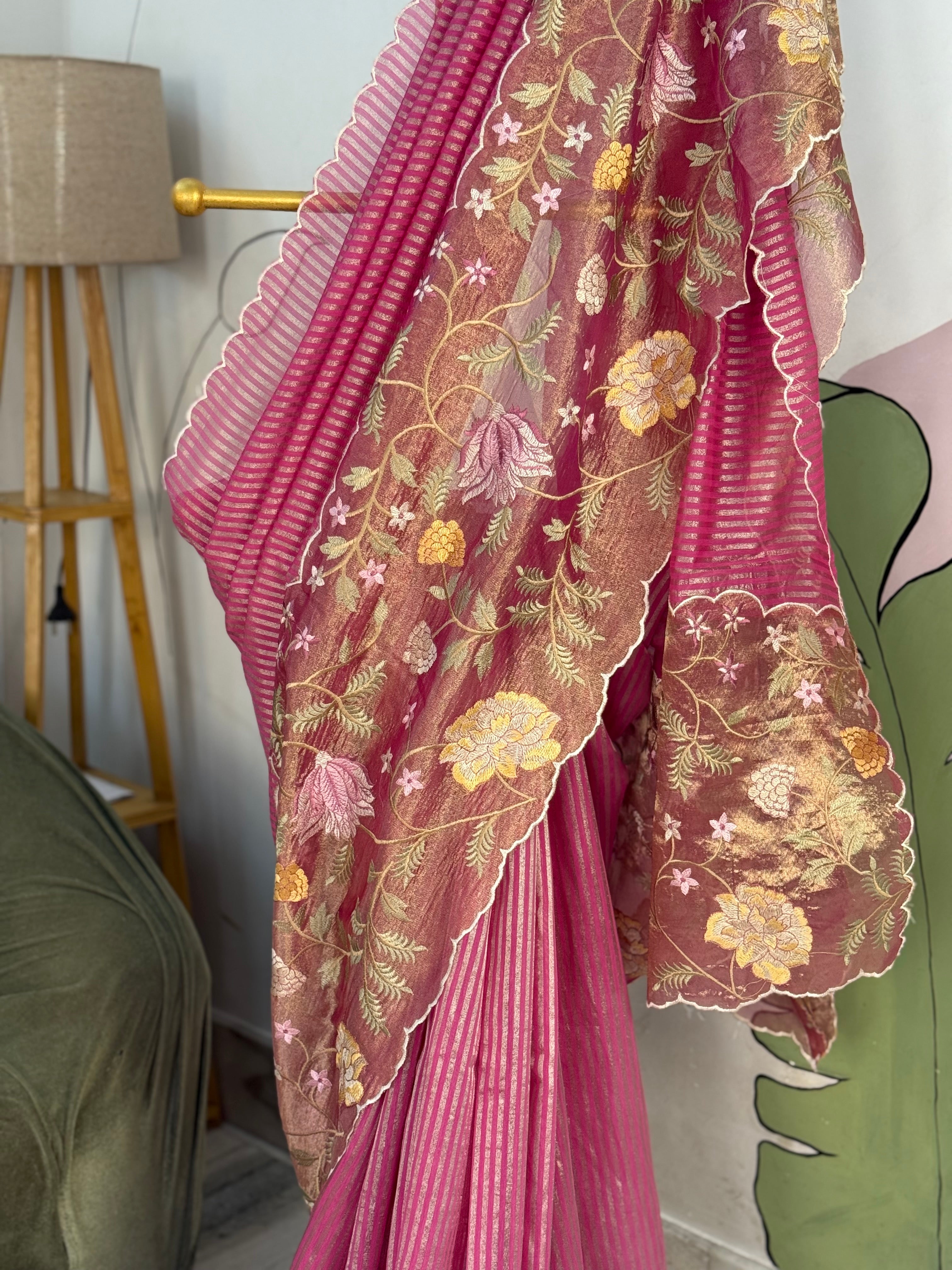 Rani Pink Brown Designer Chiniya Tissue Silk Stripe Saree with multi color floral embroidered on Tissue Base