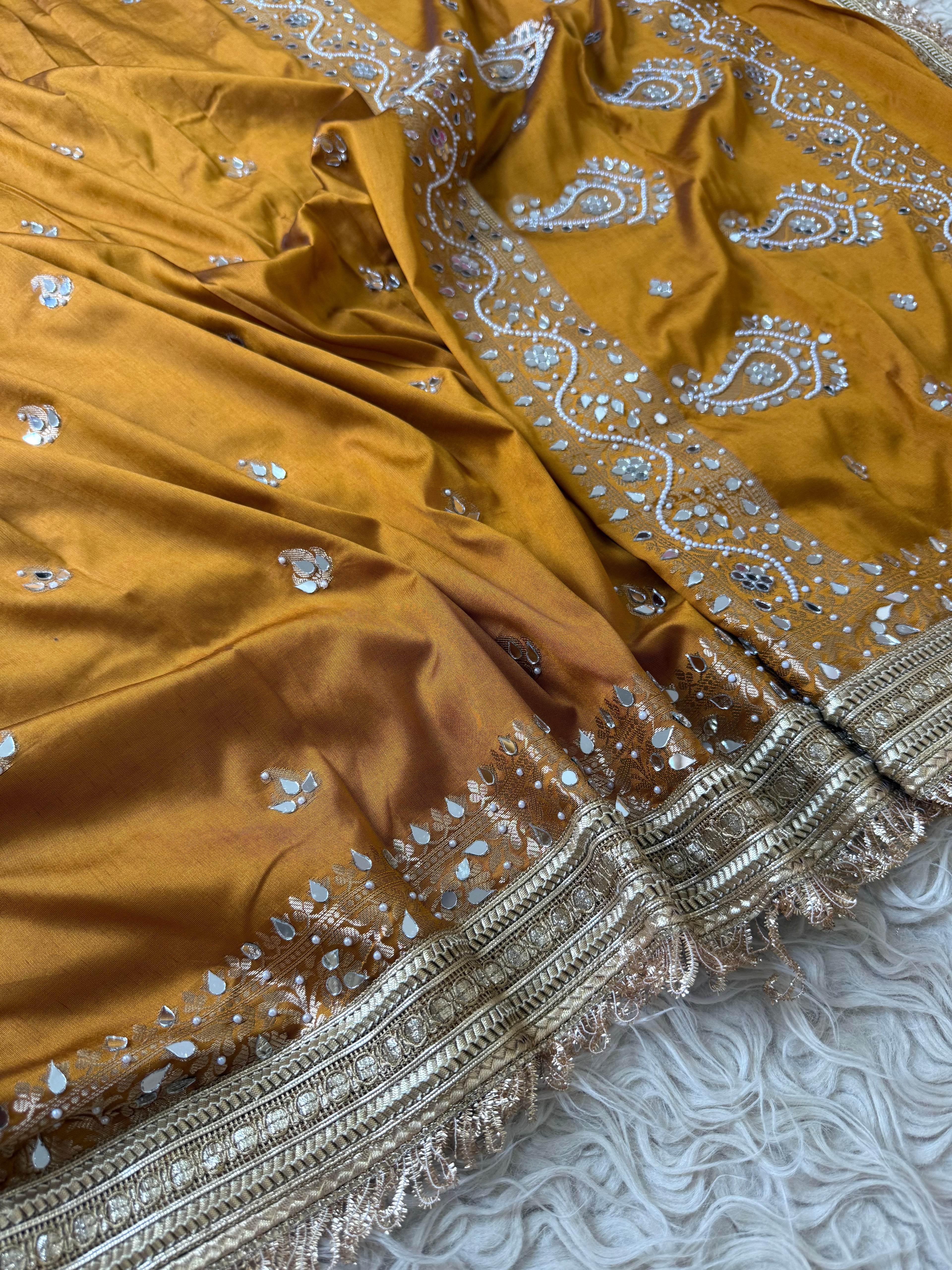 Designer Banarasi katan Saree with Pearl and mirror Work on all over Body with Intricate Border and Pallu Design Along with Gotta Patti Lace Work