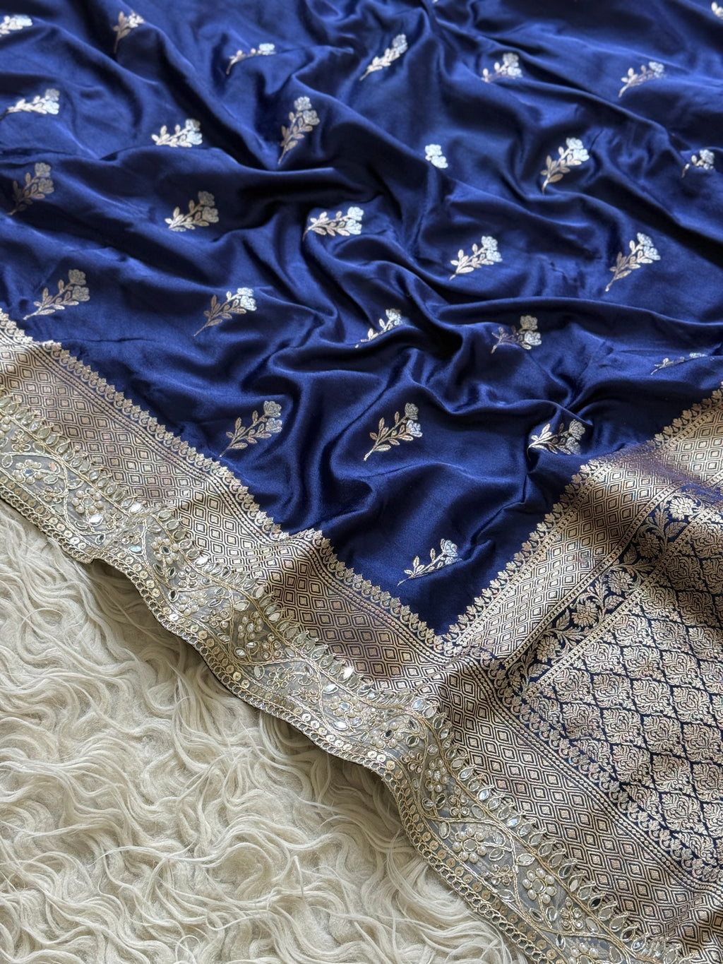 Banarasi Mashru Silk Saree All Over Alfi Meena Buta with pearl and mirror lace border