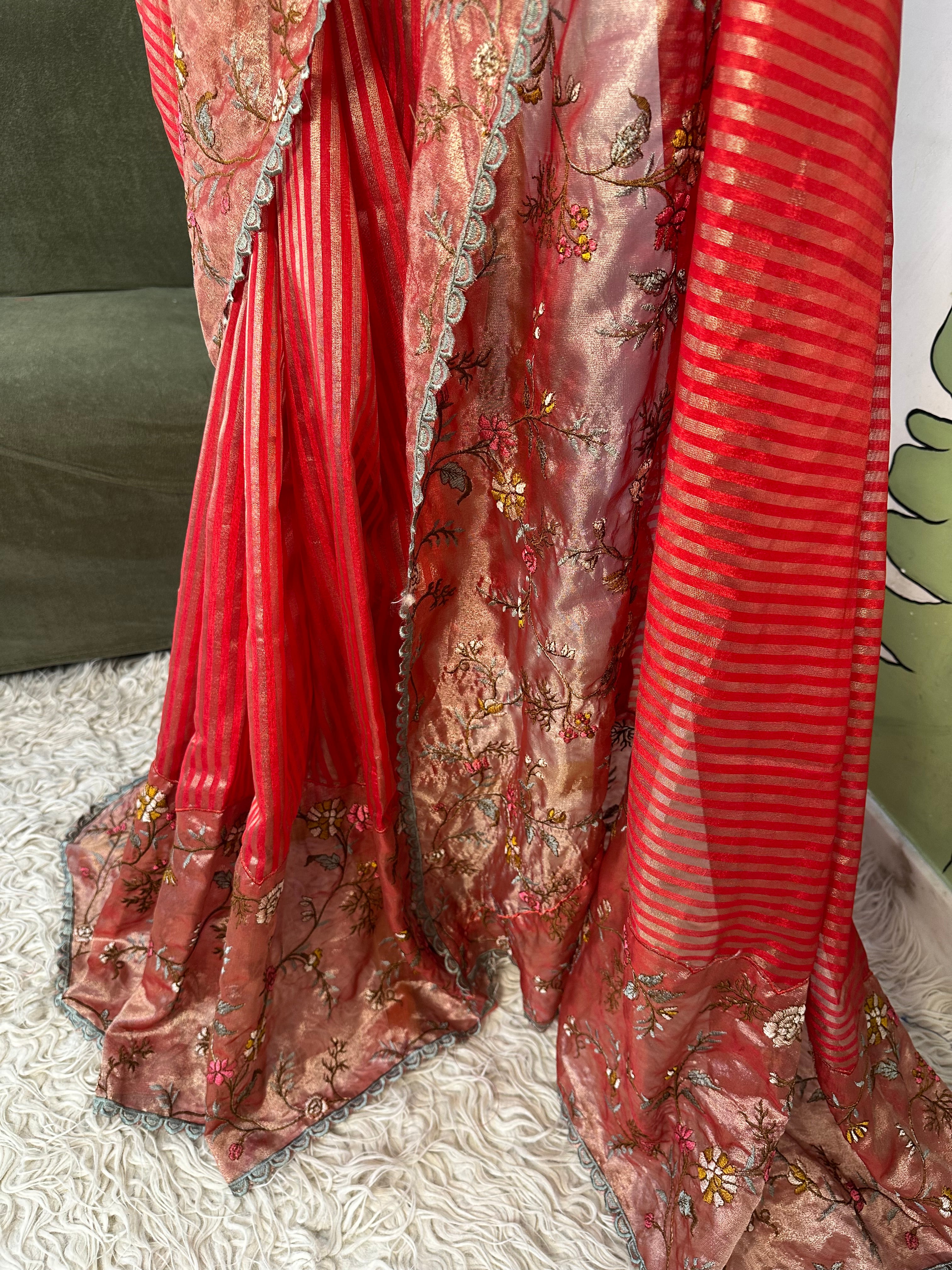 Red Designer Chiniya Tissue Silk Stripe Saree with multi color floral embroidered on Tissue Base
