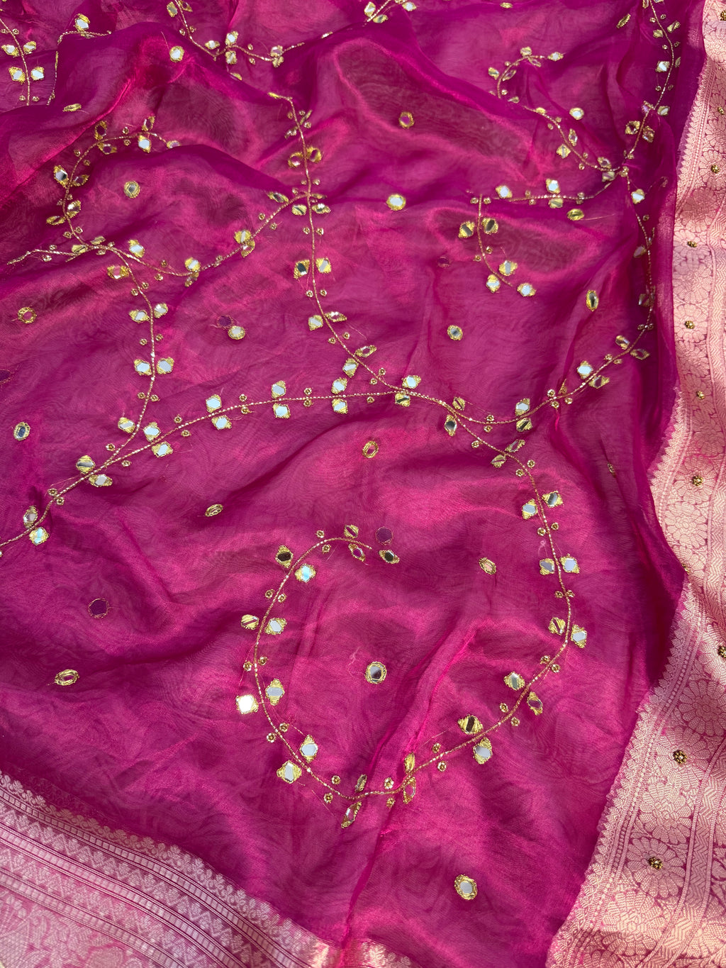 Pure Banarasi Tissue Saree with Hand Work on all over Body with Intricate Border and Pallu Design Along with Gotta Patti Lace Work