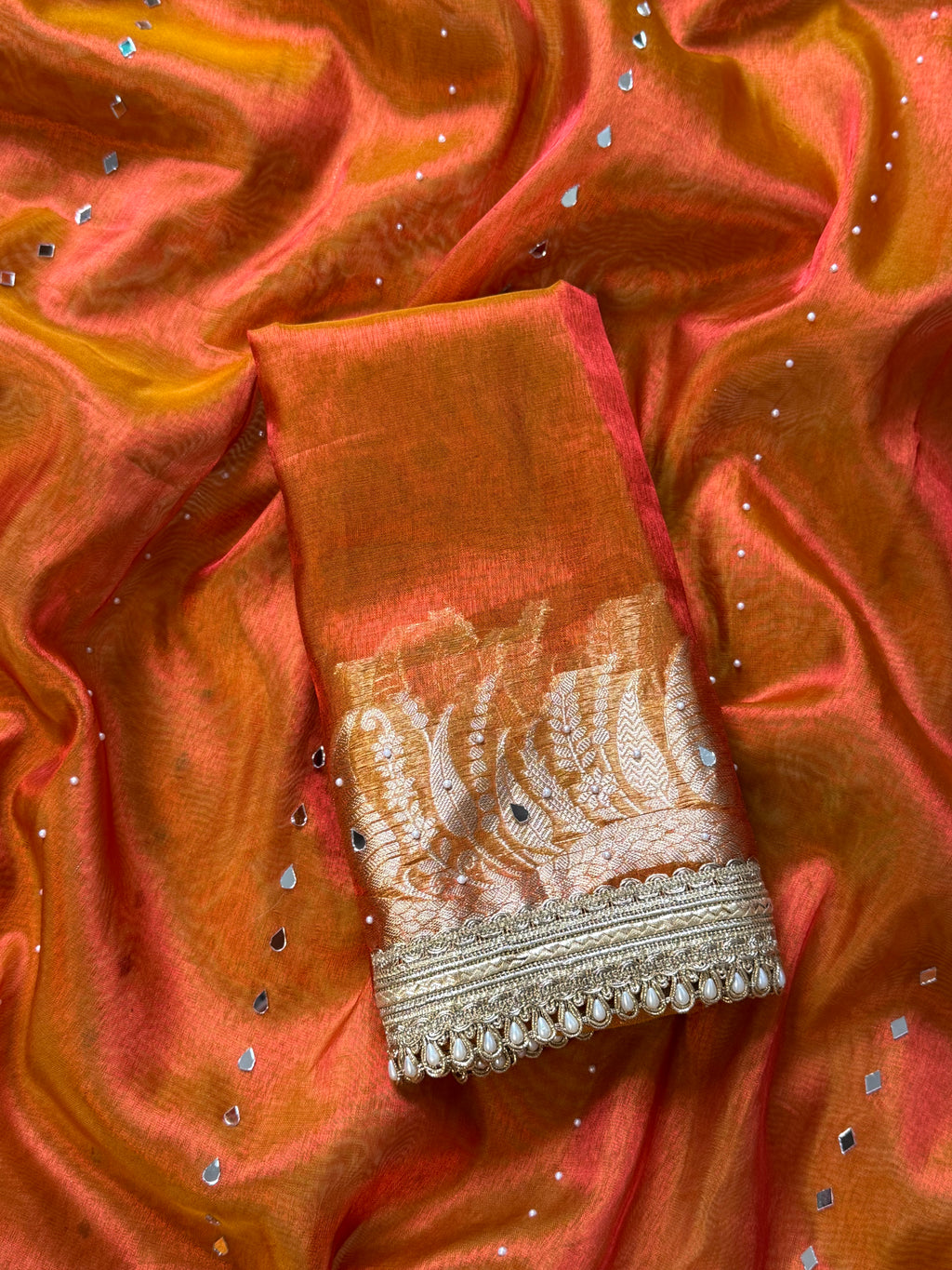 Designer Banarasi Tissue Saree with mirror Work on all over Body with Intricate Border and Pallu Design Along with heavy mirror work and Gotta Patti Lace Work