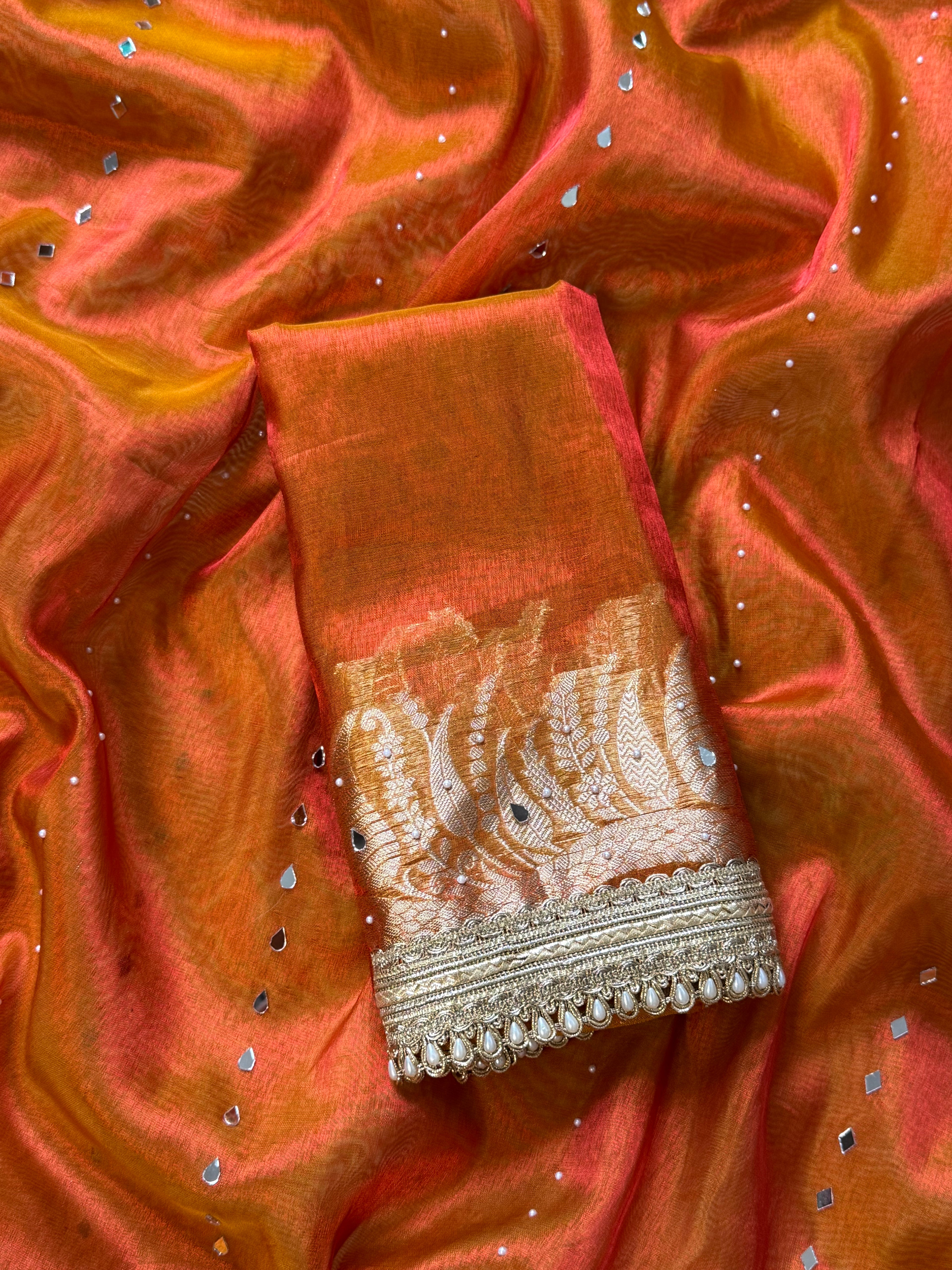 Designer Banarasi Tissue Saree with mirror Work on all over Body with Intricate Border and Pallu Design Along with heavy mirror work and Gotta Patti Lace Work