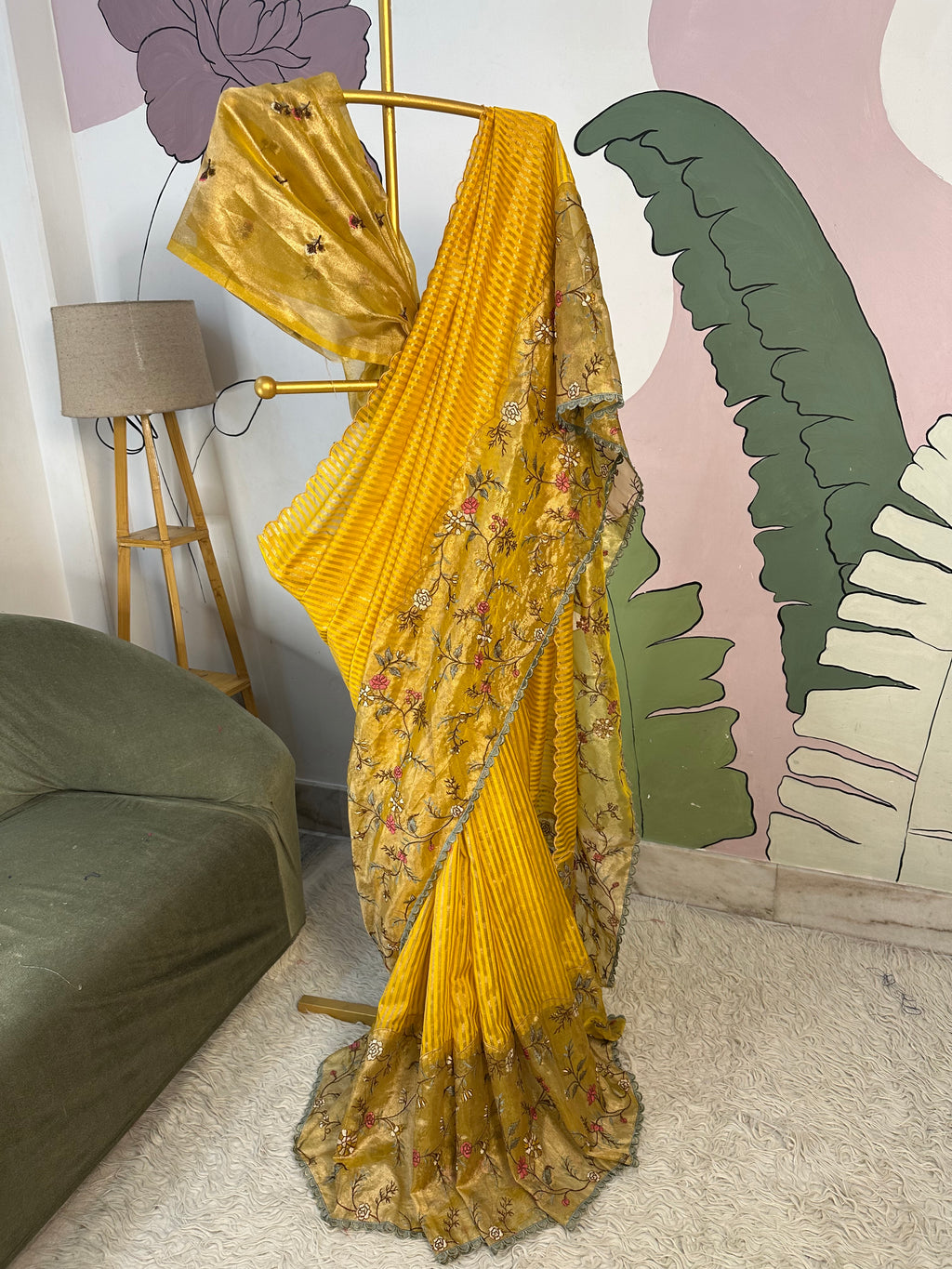 Yellow Designer Chiniya Tissue Silk Stripe Saree with multi color floral embroidered on Tissue Base