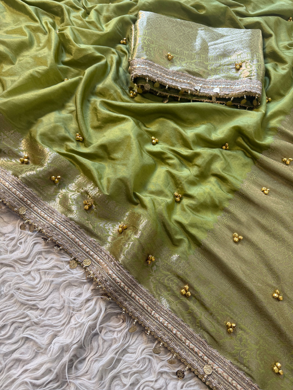Green Banarasi butter silk saree X ghungroo work