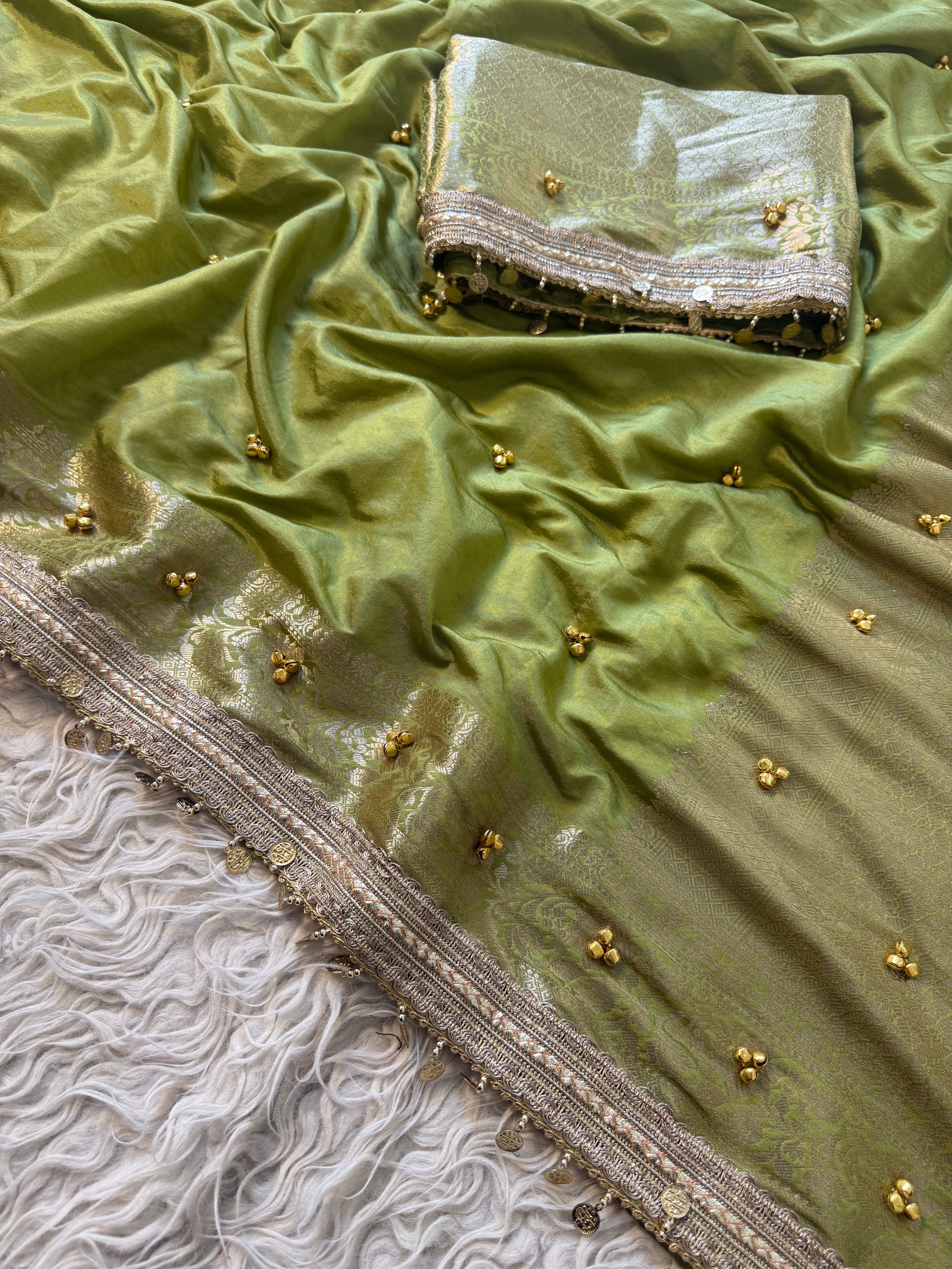 Green Banarasi butter silk saree X ghungroo work