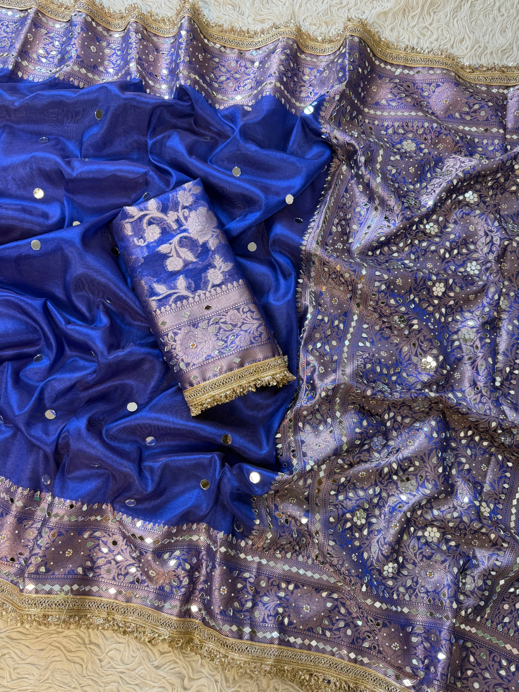 Designer Banarasi Tissue Saree with Pearl and mirror Work on all over Body with Intricate Border and Pallu Design Along with Gotta Patti Lace Work