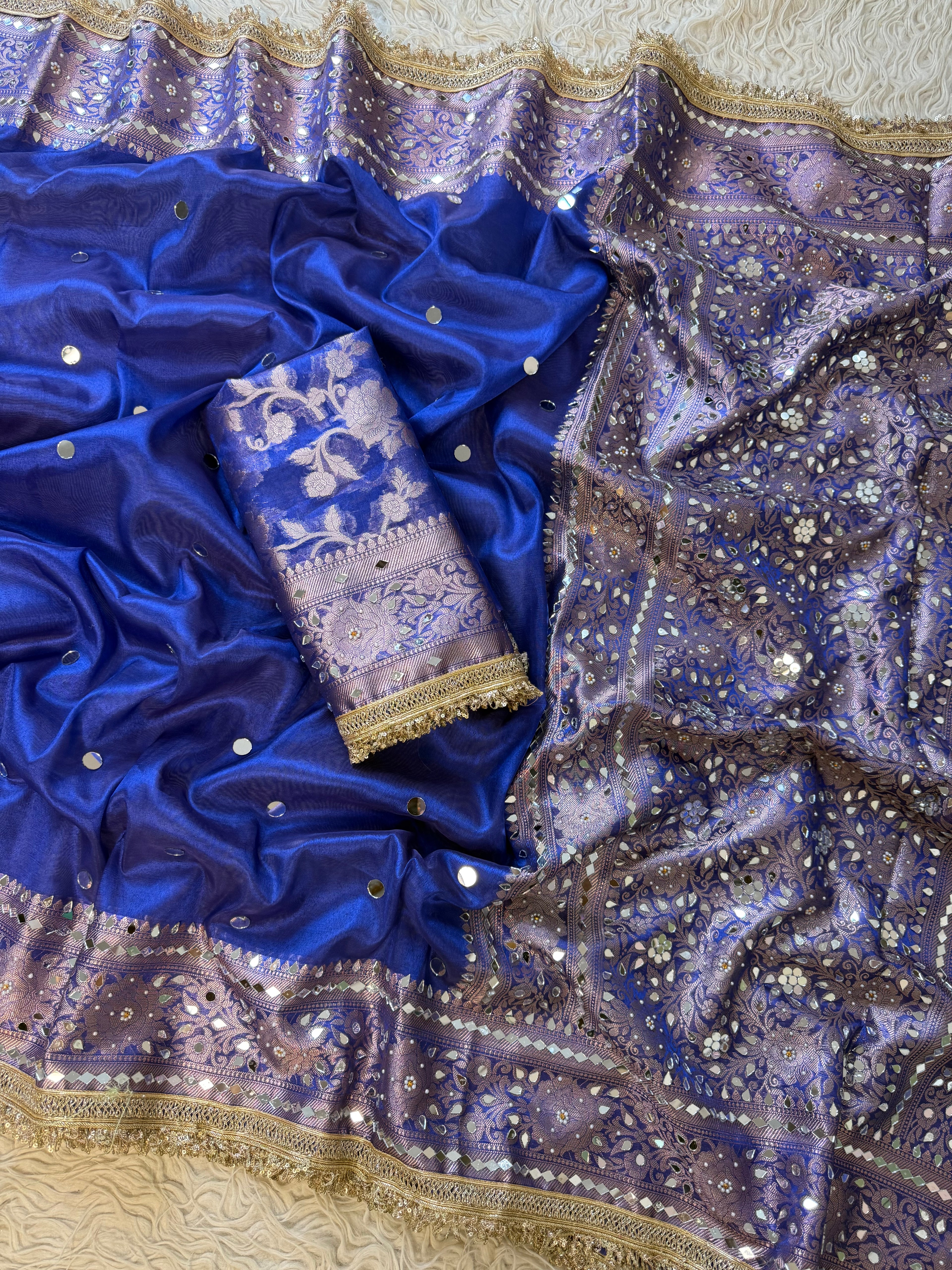 Designer Banarasi Tissue Saree with Pearl and mirror Work on all over Body with Intricate Border and Pallu Design Along with Gotta Patti Lace Work