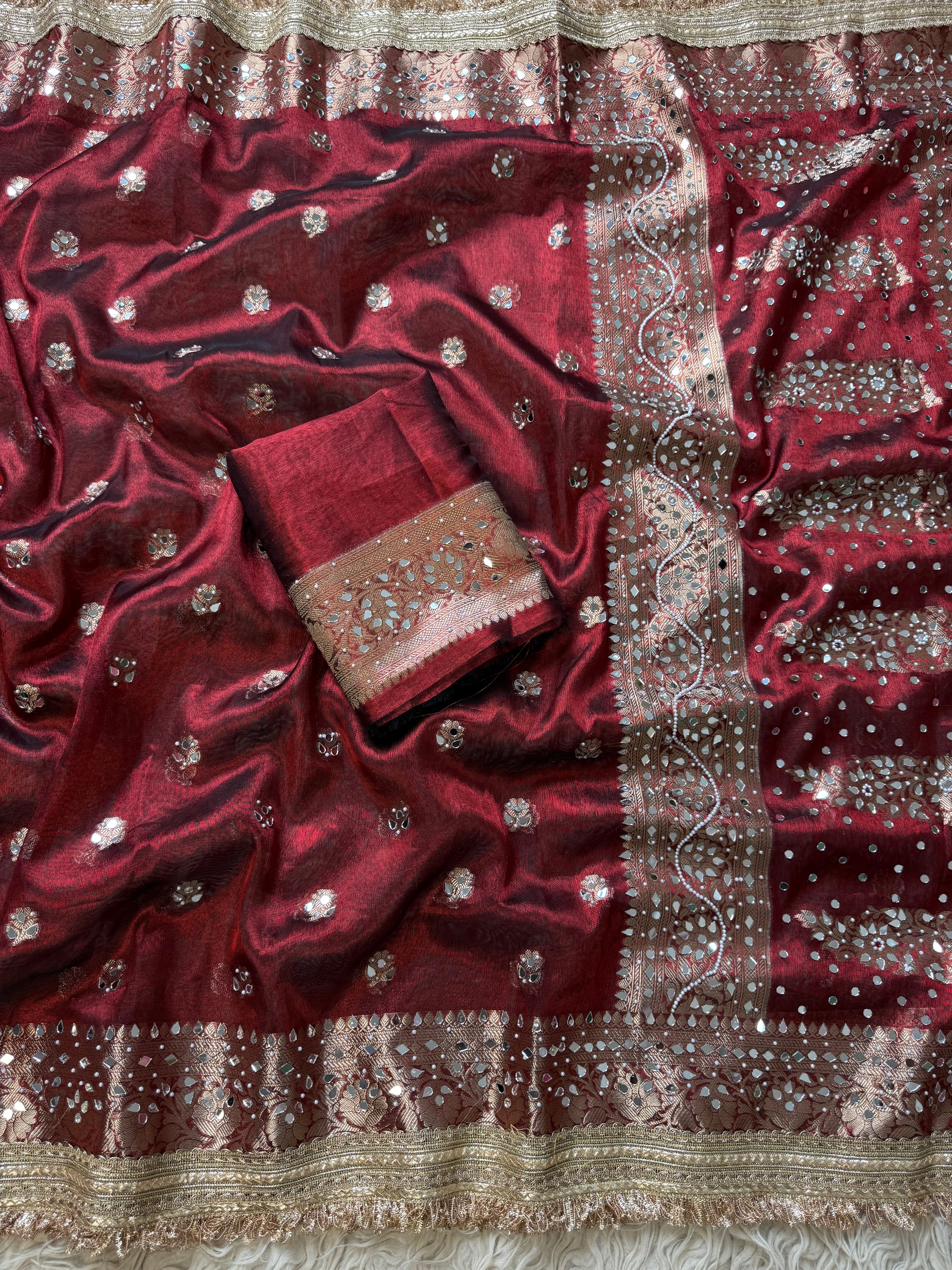 Designer Banarasi Tissue Saree with Pearl Work on all over Body with Intricate Border and Pallu Design Along with Gotta Patti Lace Work