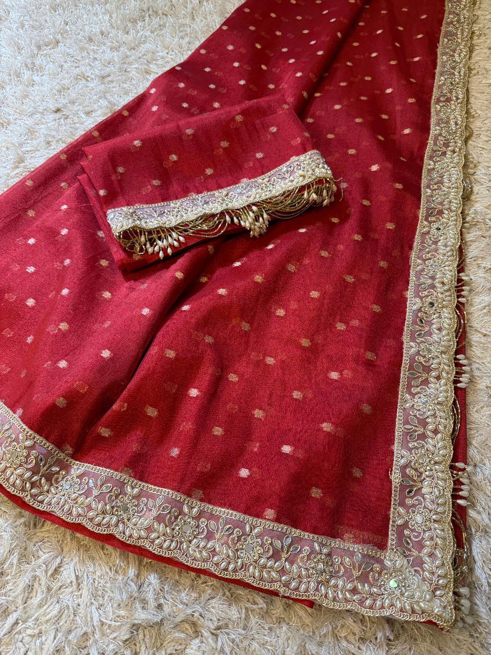 Red buti Banarasi Tissue Saree with Designer Pearl and Mirror Lace Work Jhalar Lace on Pallu
