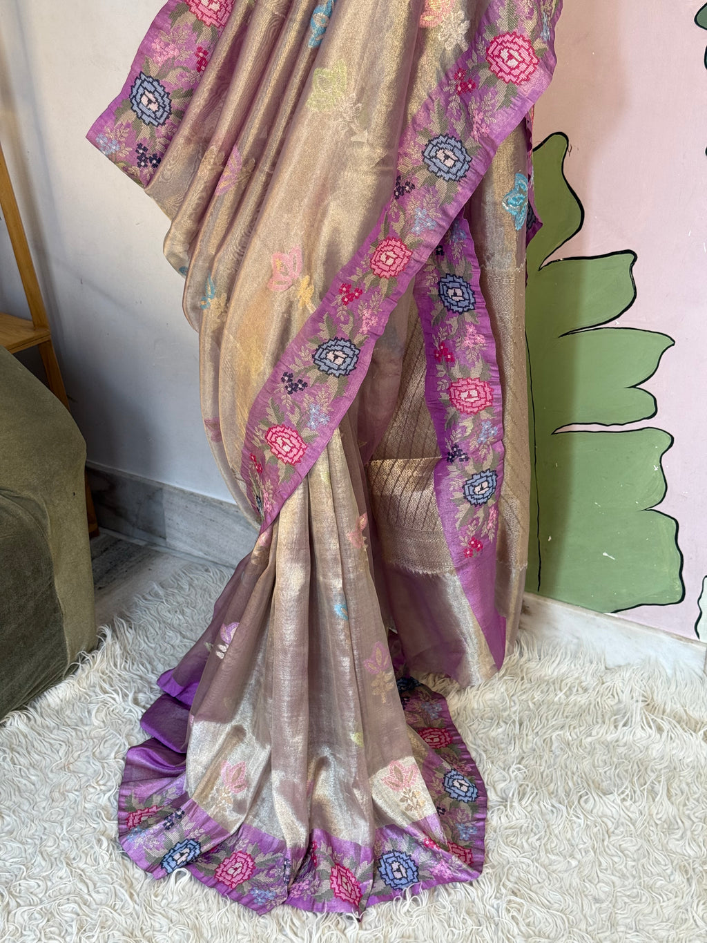 Banarasi tissue X Cross stitched Resham embroidery