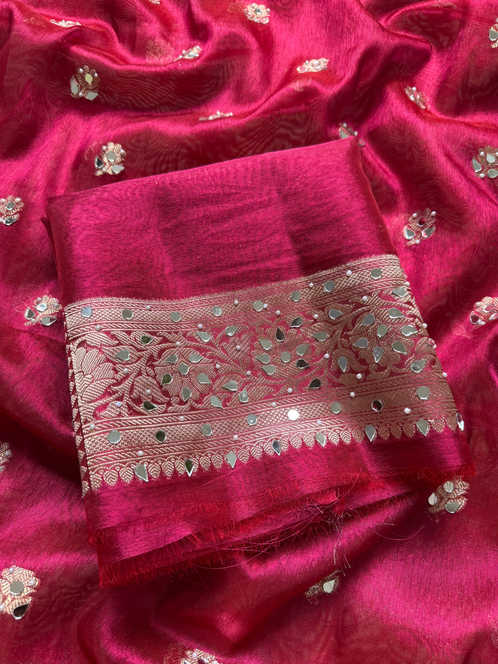 Designer Banarasi Tissue Saree with Pearl Work on all over Body with Intricate Border and Pallu Design Along with Gotta Patti Lace Work