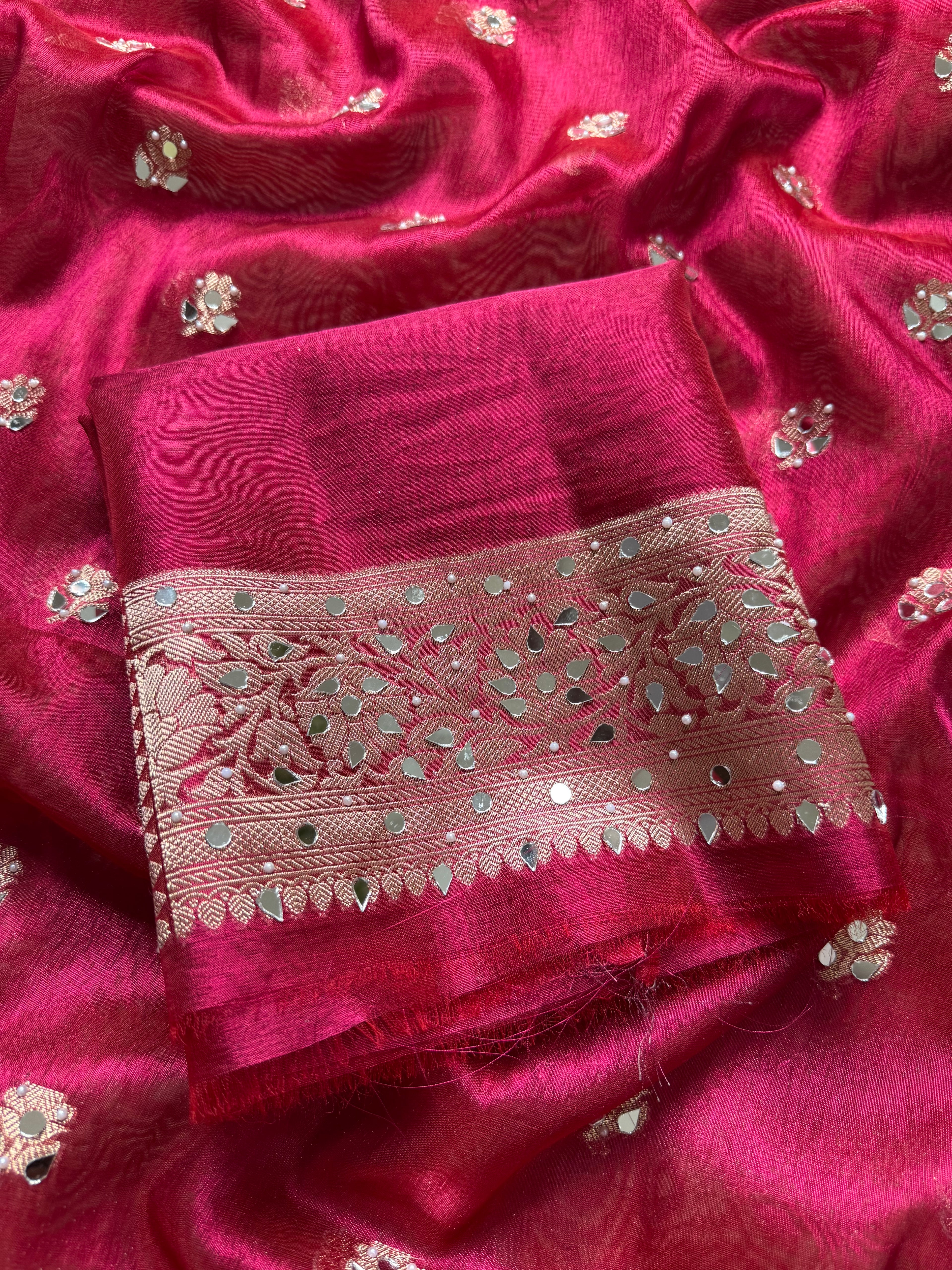 Designer Banarasi Tissue Saree with Pearl Work on all over Body with Intricate Border and Pallu Design Along with Gotta Patti Lace Work