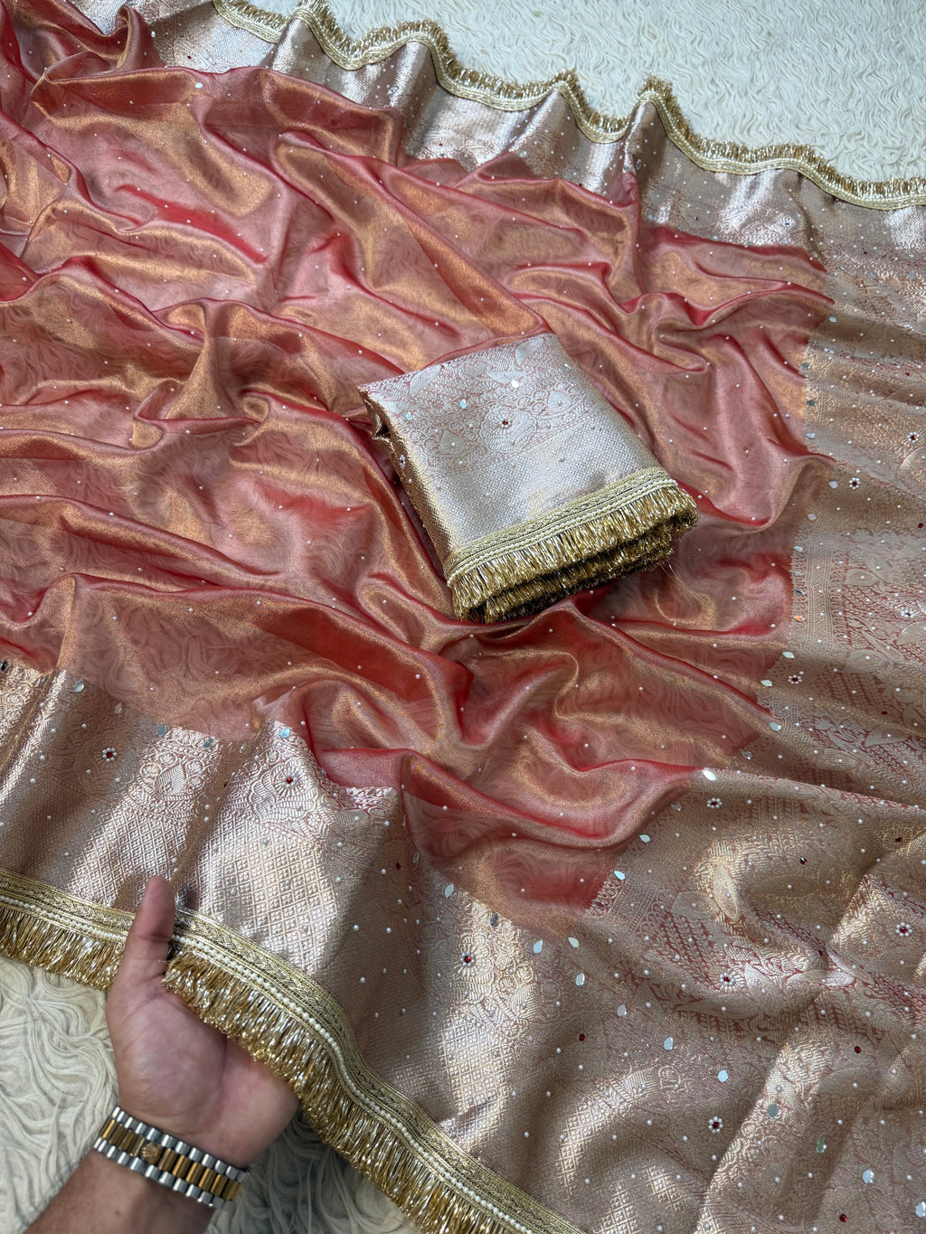 Designer Banarasi Tissue Saree with Pearl Work on all over Body with Intricate Border and Pallu Design Along with Gotta Patti Lace Work