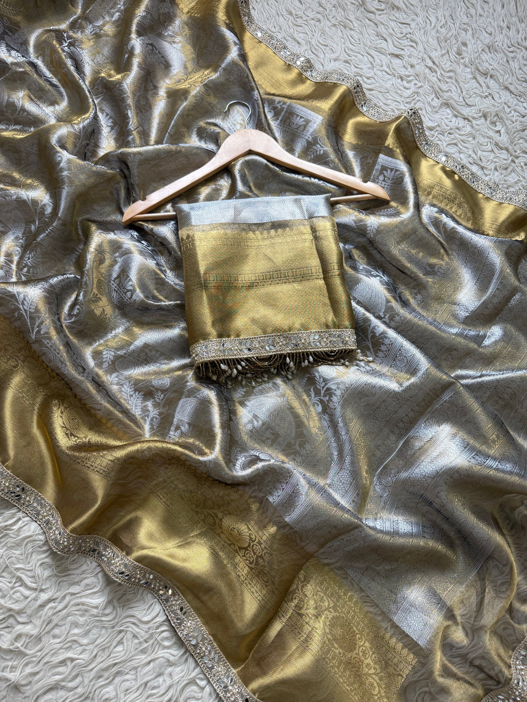 Metallic Gold Bridal Kanjeevaram Brocade Tissue Saree with Designer Pearl and Mirror Lace Work Jhalar Lace on Pallu 