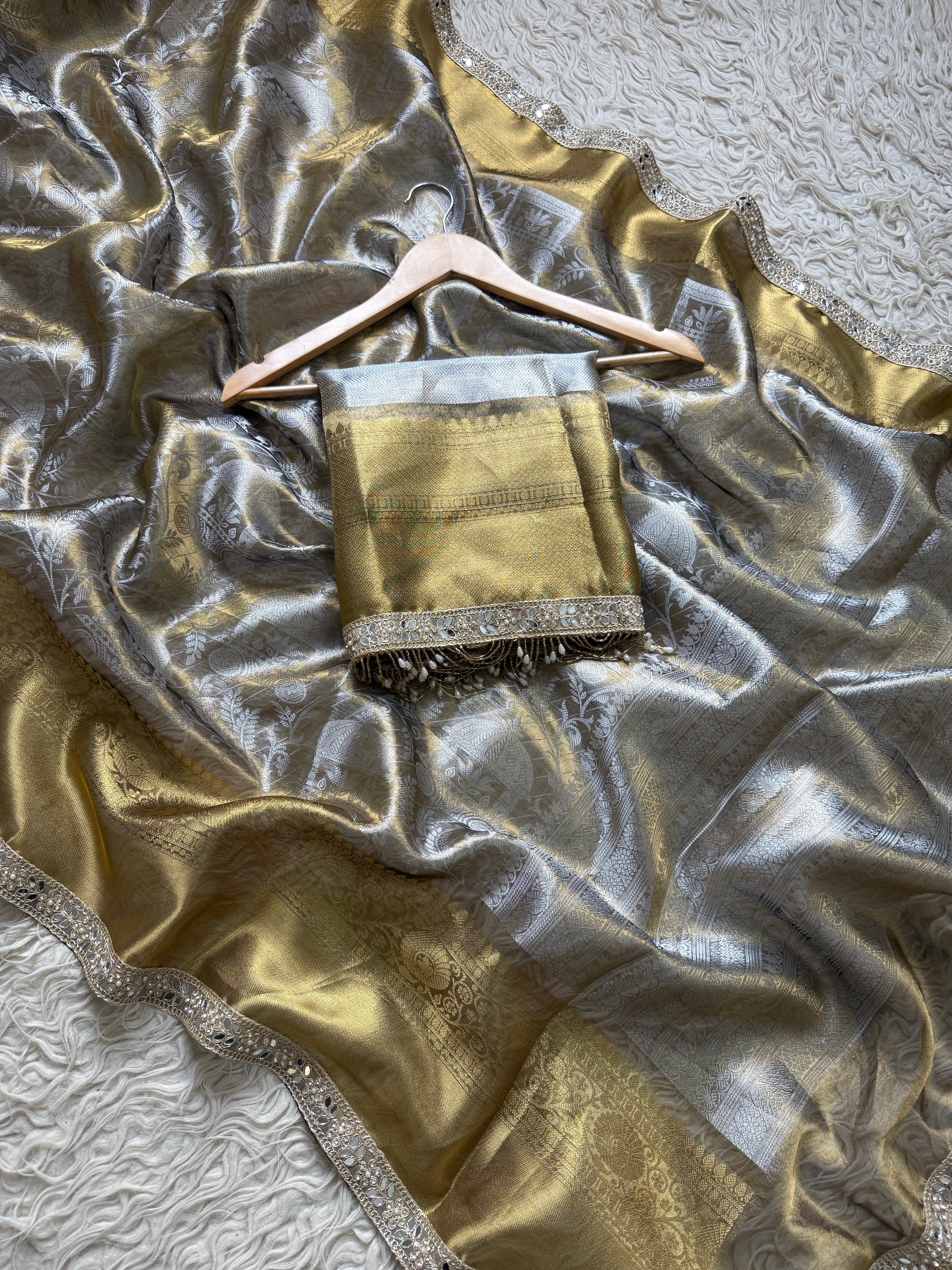 Metallic Gold Bridal Kanjeevaram Brocade Tissue Saree with Designer Pearl and Mirror Lace Work Jhalar Lace on Pallu 