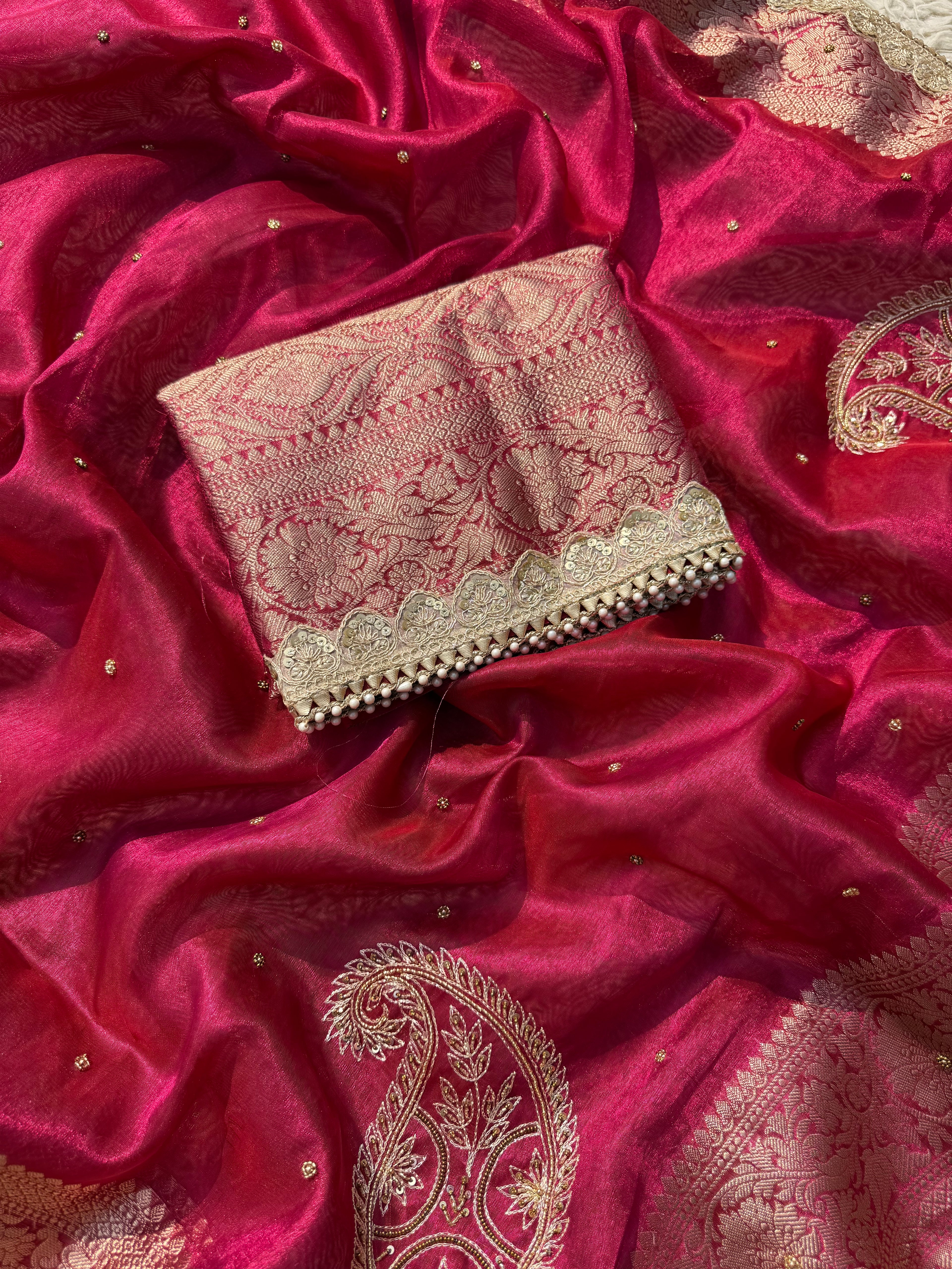 Designer rani Tissue Saree with Pearl and Mirror Work Border Attached Jhalar Pearl in Pallu and Elegant Jaal Pattern Blouse Piece