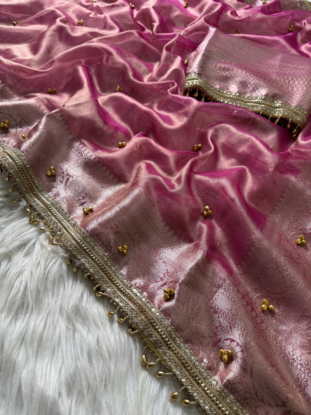 Baby Pink Banarasi tissue saree X ghungroo work
