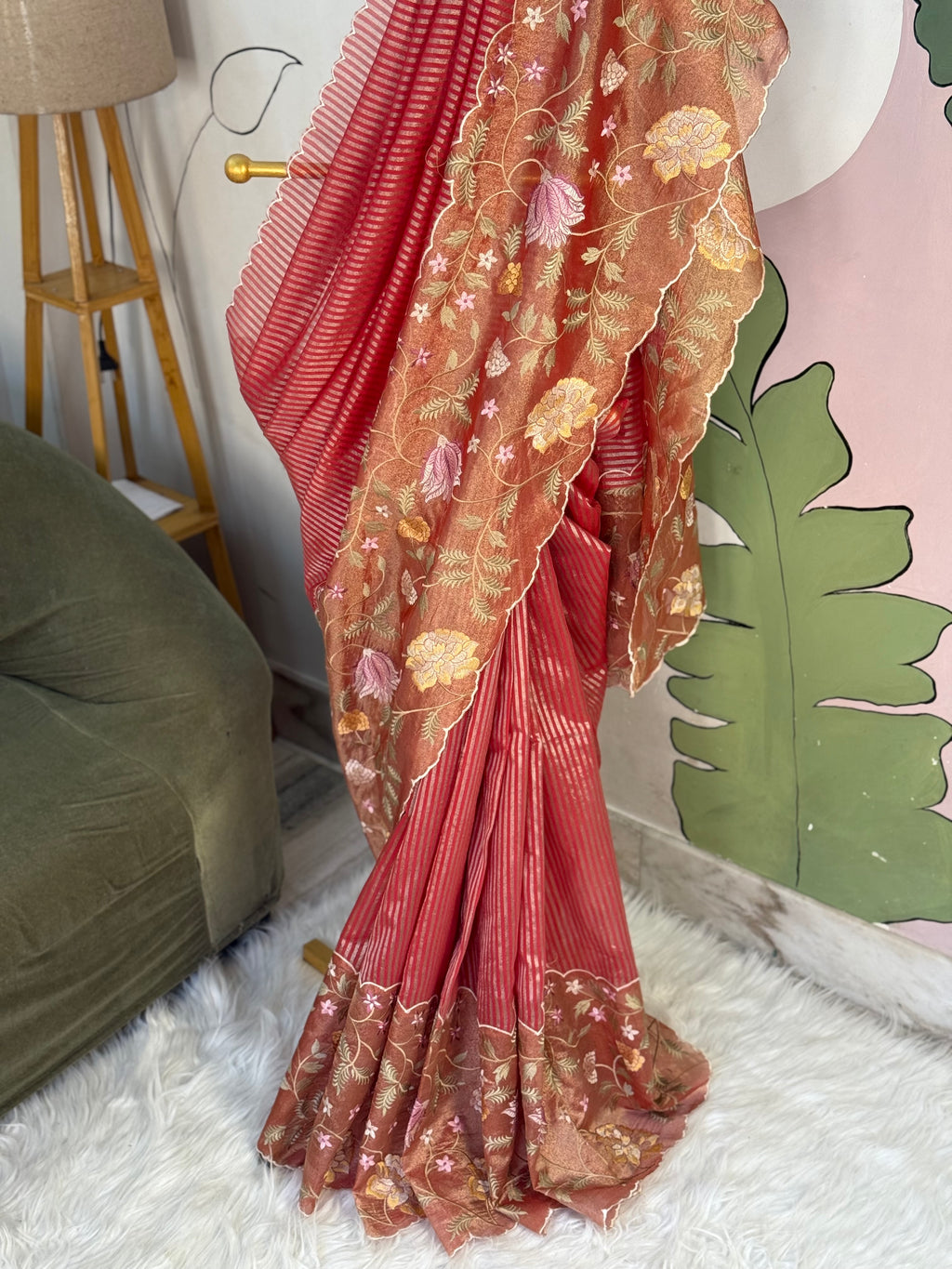 Red Designer Chiniya Tissue Silk Stripe Saree with multi color floral embroidered on Tissue Base