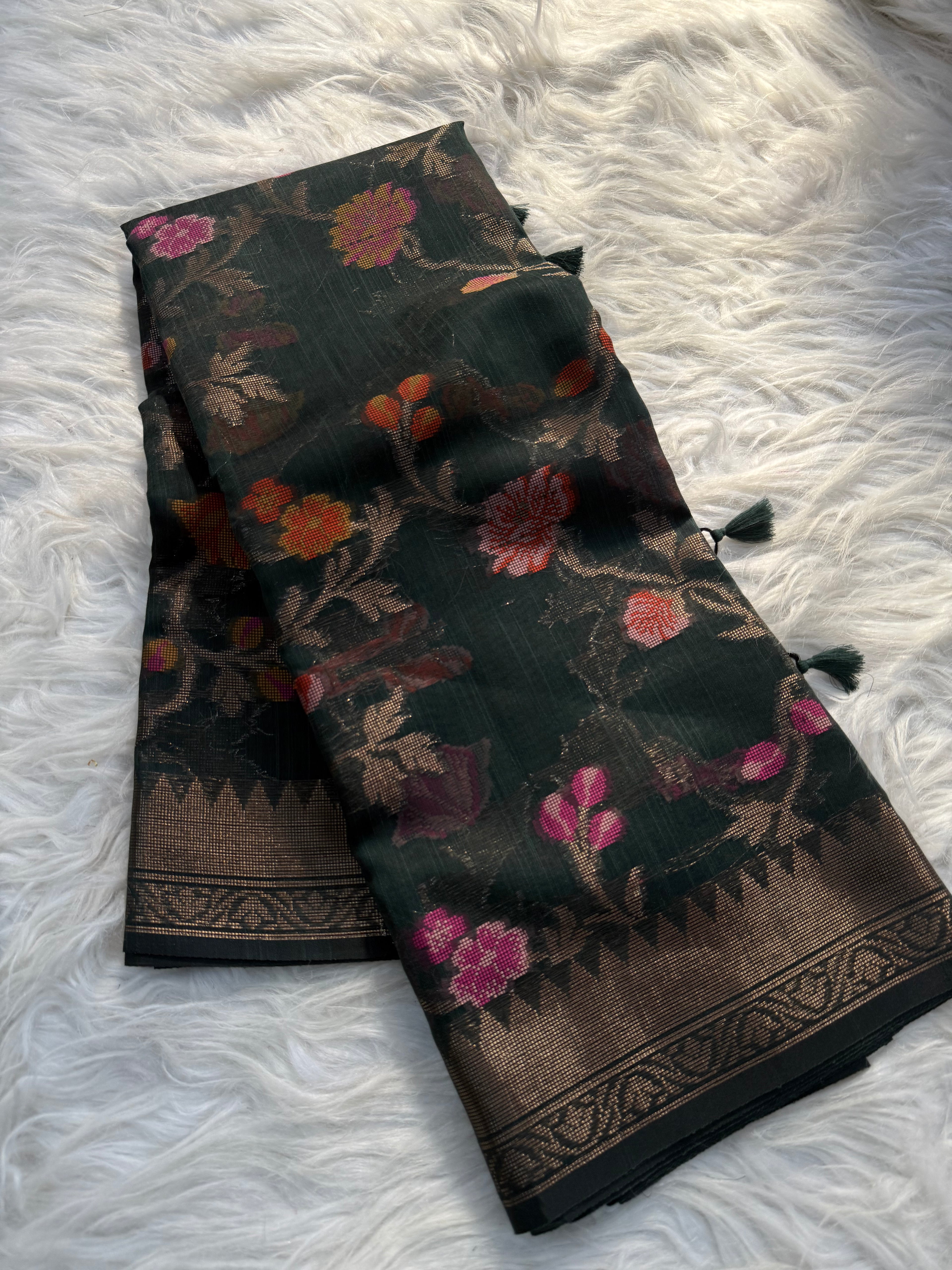 Black multi color Jaal Khaadi Saree
