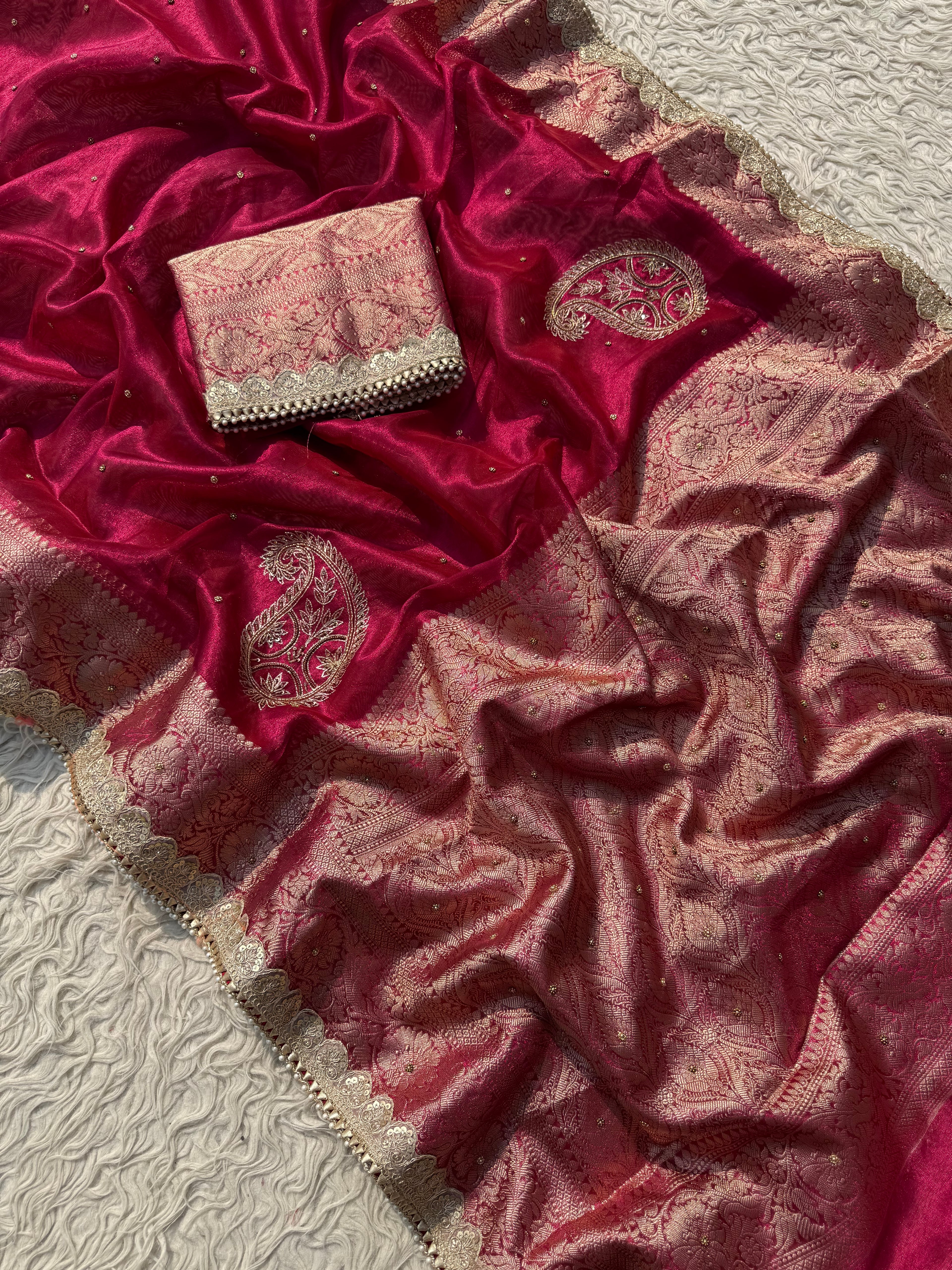 Designer rani Tissue Saree with Pearl and Mirror Work Border Attached Jhalar Pearl in Pallu and Elegant Jaal Pattern Blouse Piece