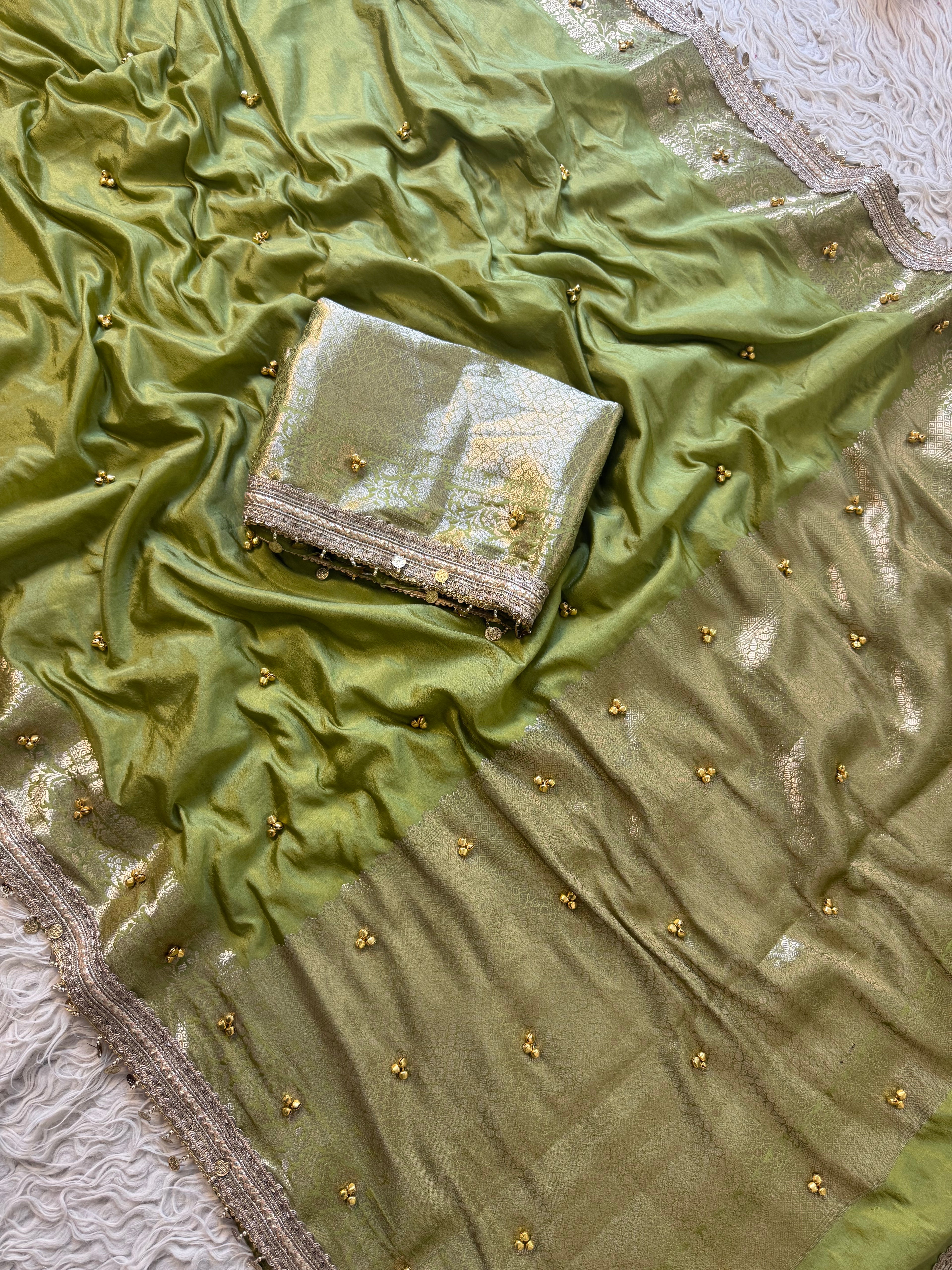 Green Banarasi butter silk saree X ghungroo work