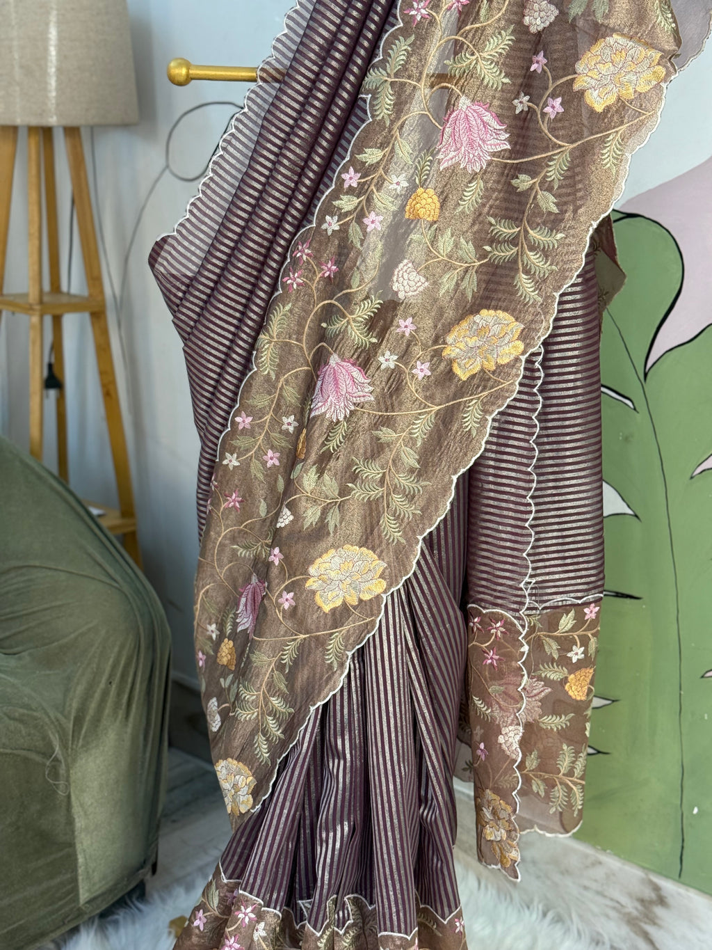 Brown Designer Chiniya Tissue Silk Stripe Saree with multi color floral embroidered on Tissue Base