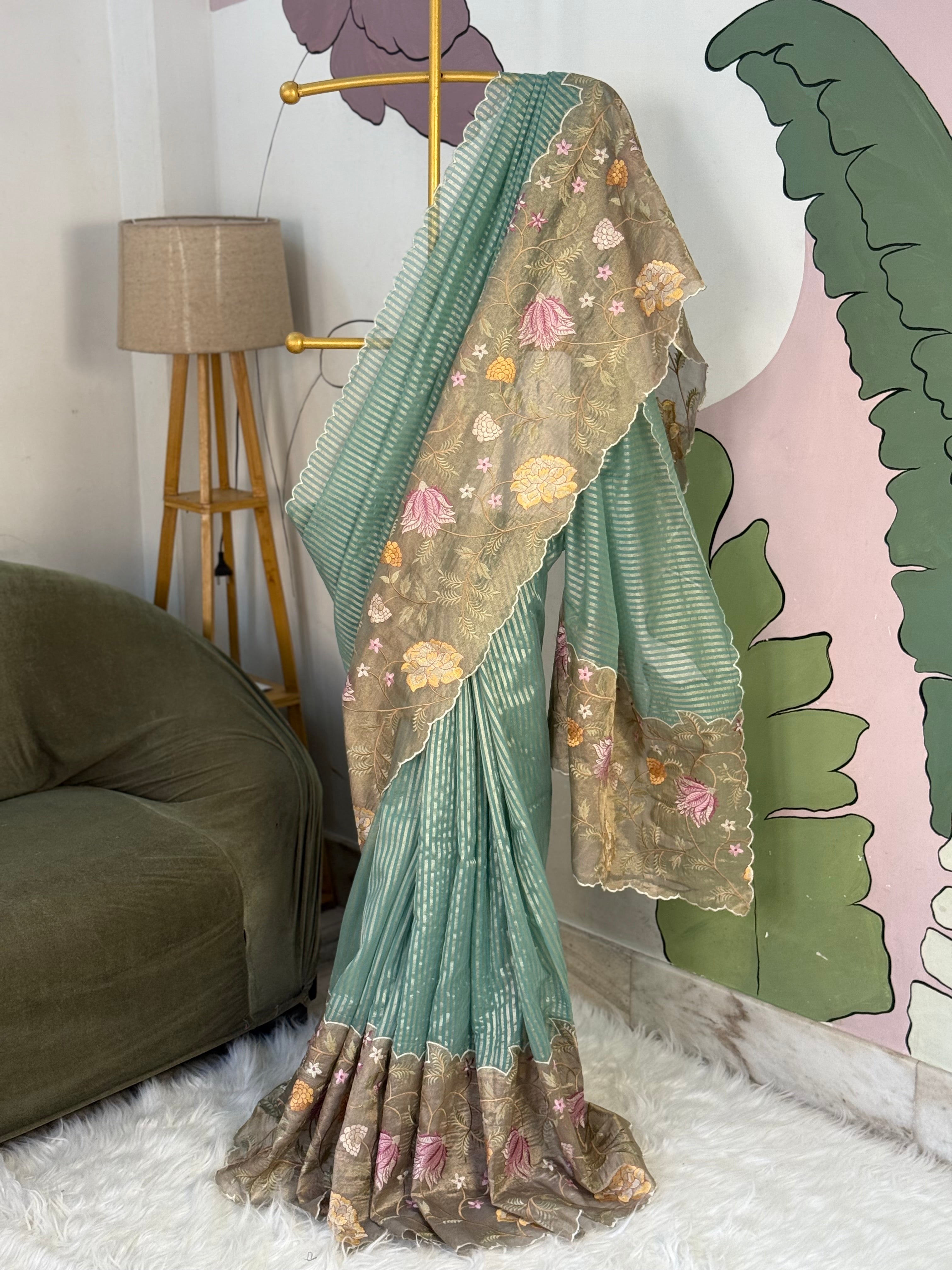 Pastel Blue Designer Chiniya Tissue Silk Stripe Saree with multi color floral embroidered on Tissue Base