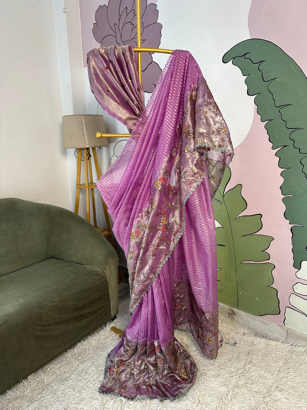 Lavender Designer Chiniya Tissue Silk Stripe Saree with multi color floral embroidered on Tissue Base