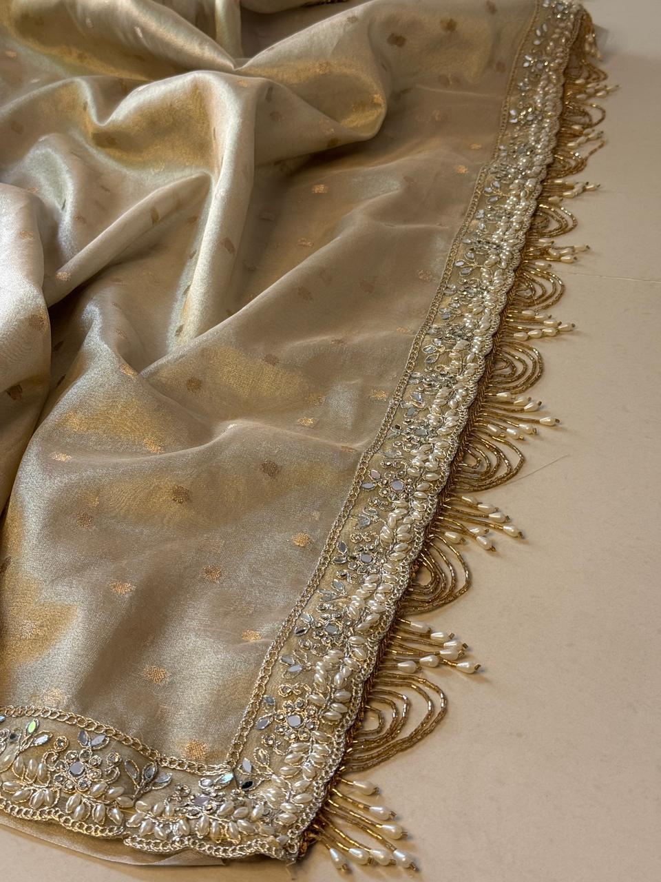 Ivory buti Banarasi Tissue Saree with Designer Pearl and Mirror Lace Work Jhalar Lace on Pallu