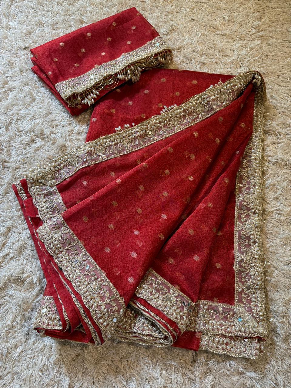 Red buti Banarasi Tissue Saree with Designer Pearl and Mirror Lace Work Jhalar Lace on Pallu