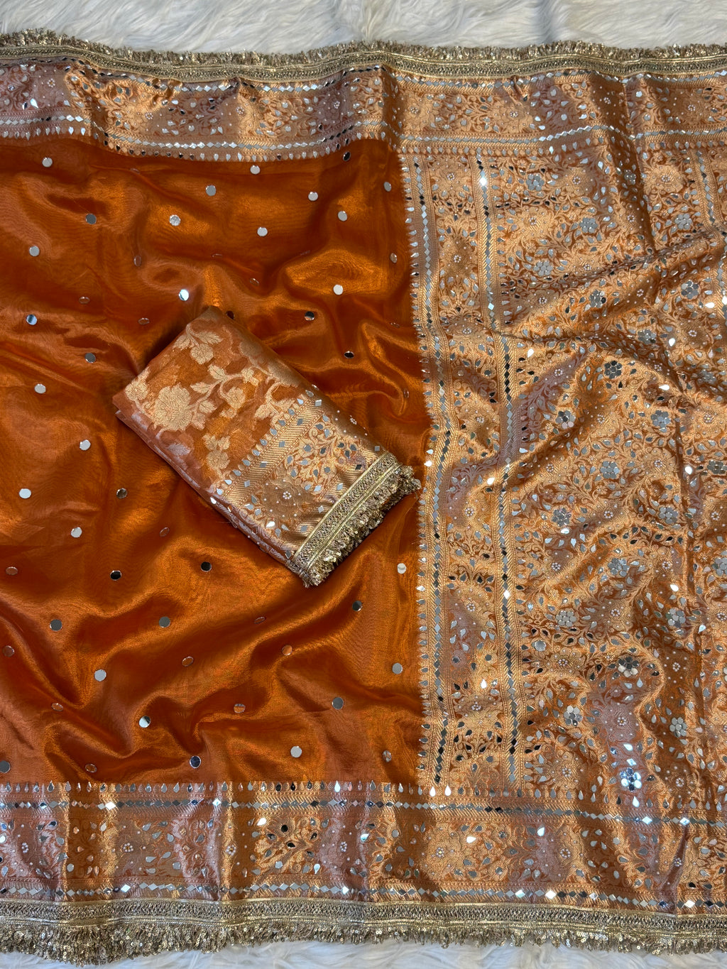 Designer Banarasi Tissue Saree with Pearl and mirror Work on all over Body with Intricate Border and Pallu Design Along with Gotta Patti Lace Work