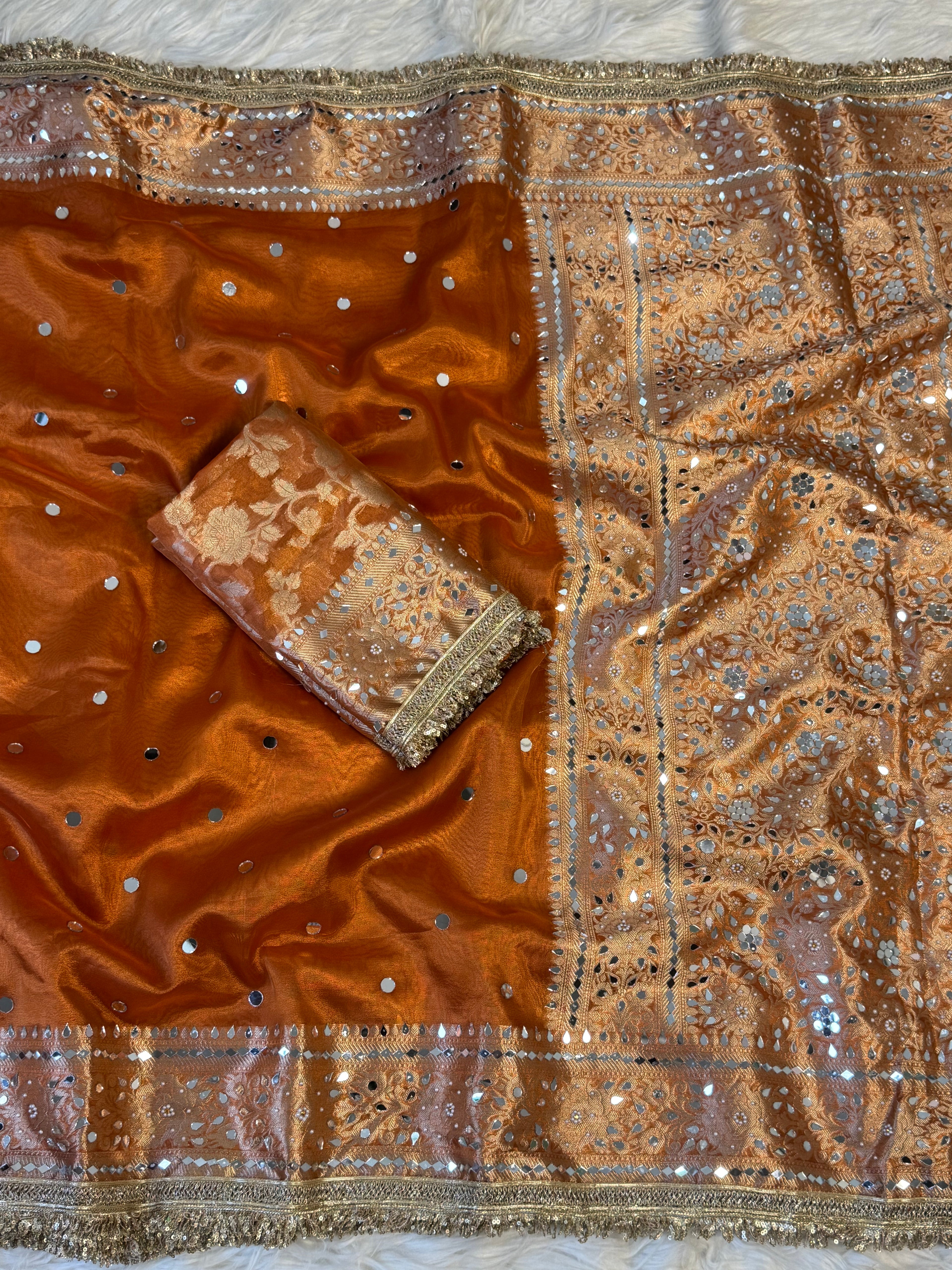 Designer Banarasi Tissue Saree with Pearl and mirror Work on all over Body with Intricate Border and Pallu Design Along with Gotta Patti Lace Work