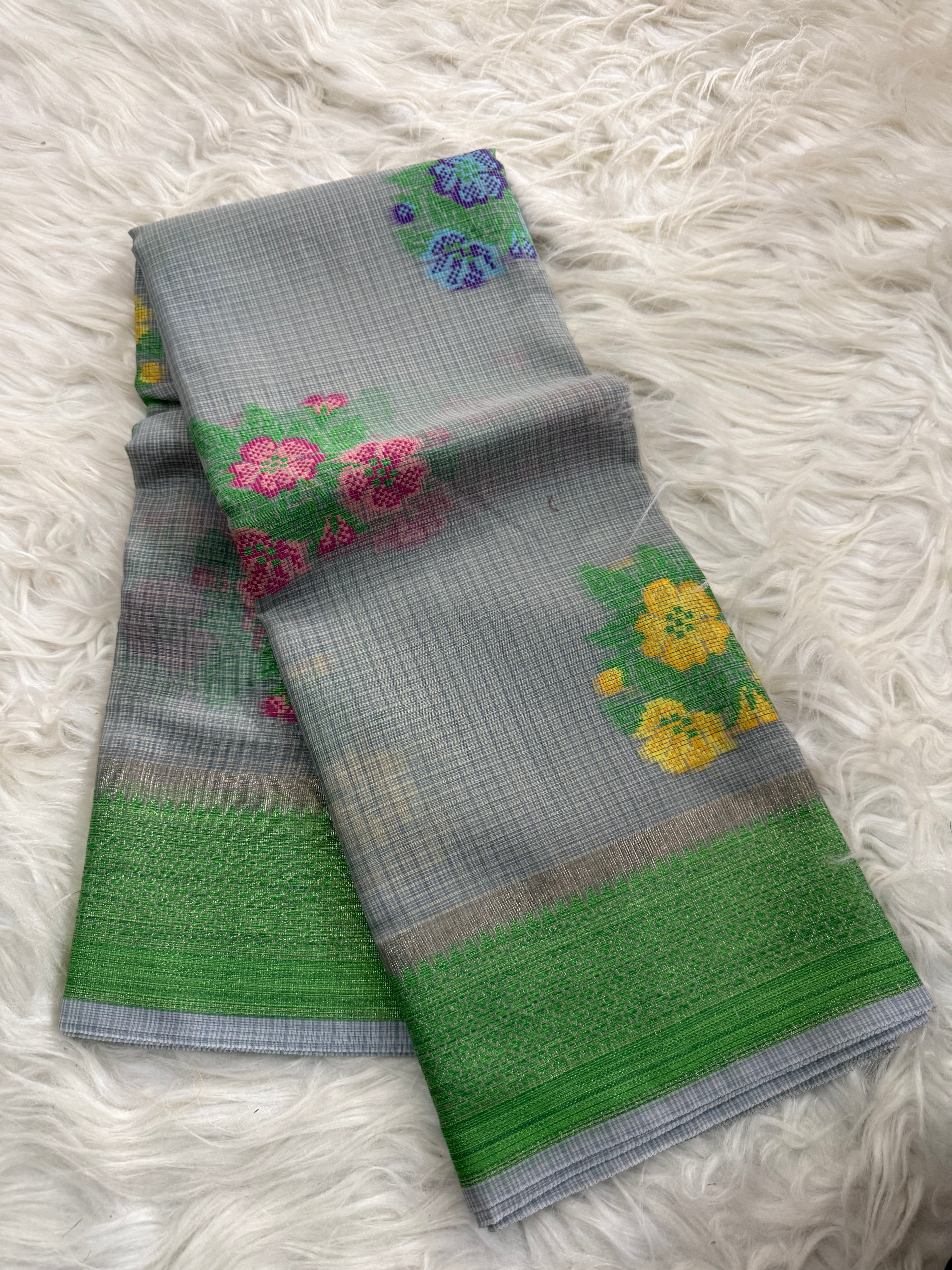 Multi color floral Buta linen cotton saree