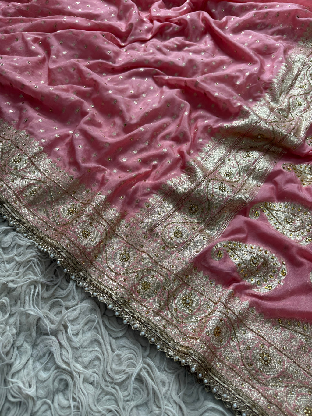 Barbie pink Georgette Designer Saree with cutdana handwork
