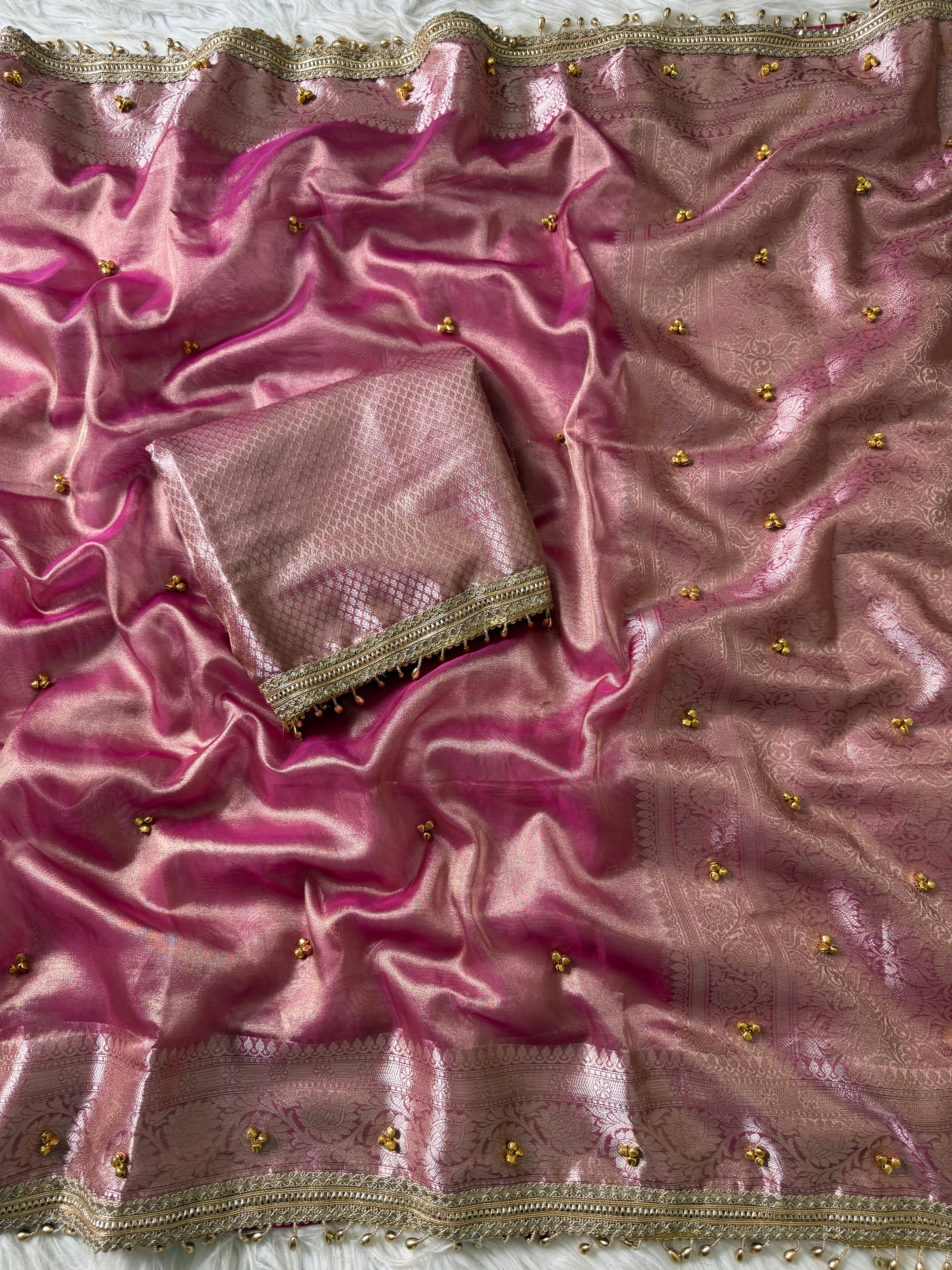 Baby Pink Banarasi tissue saree X ghungroo work