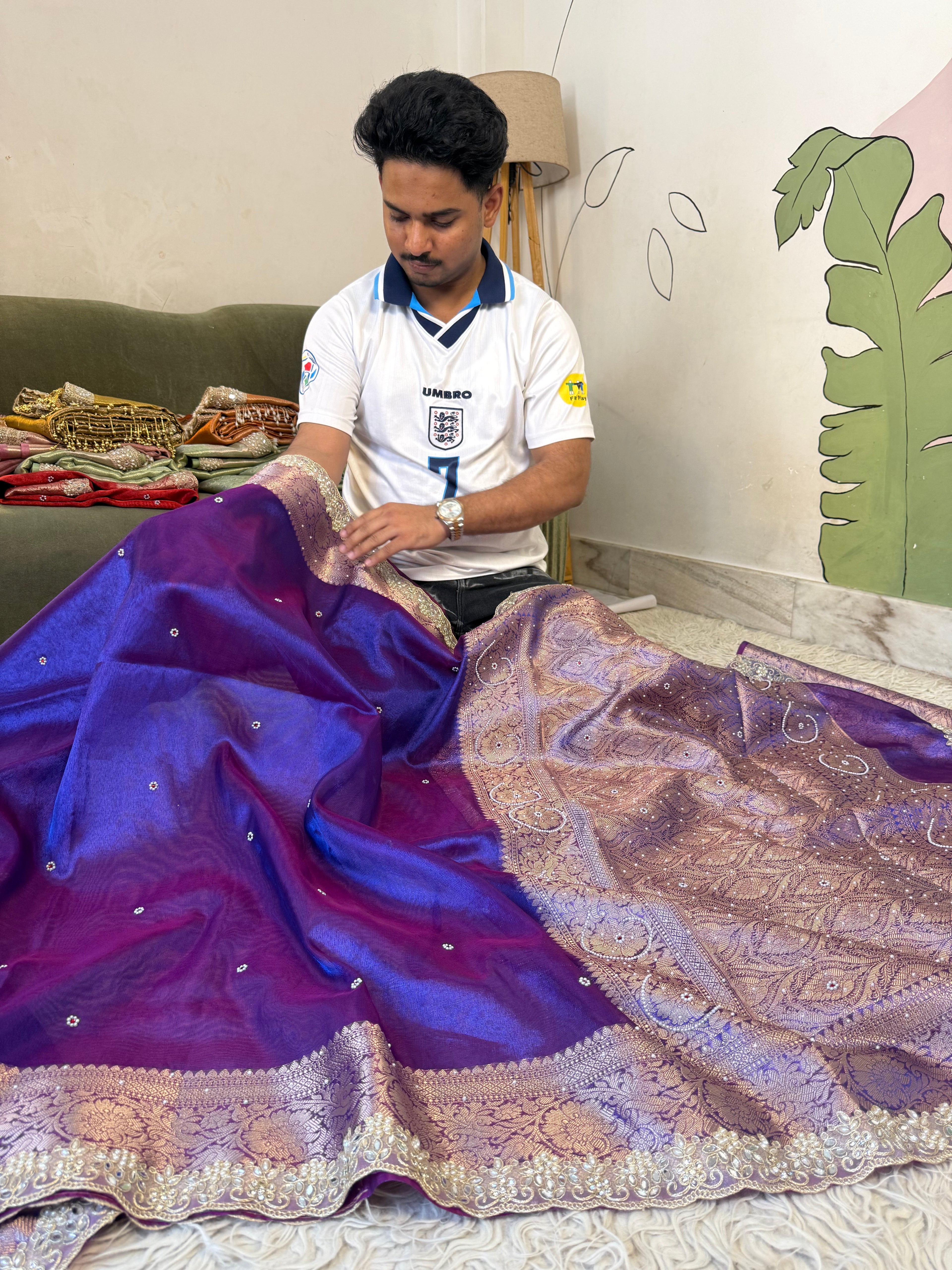Designer Banarasi Tissue Saree with Pearl Work on all over Body with Intricate Border and Pallu Design Along with Gotta Patti Lace Work