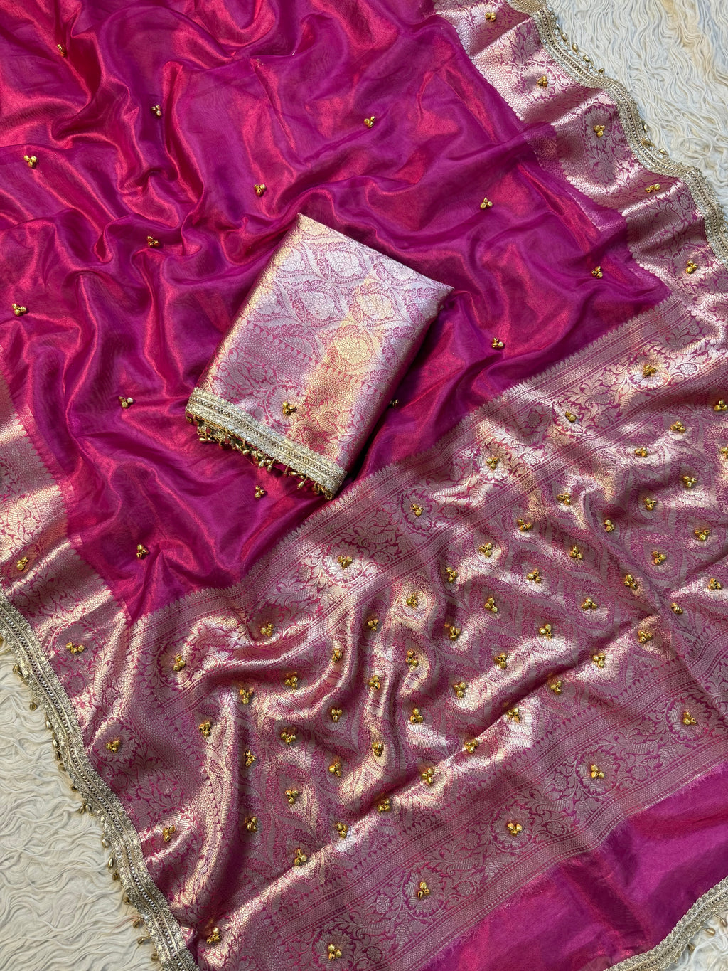 Rani pink Banarasi tissue saree X ghungroo work